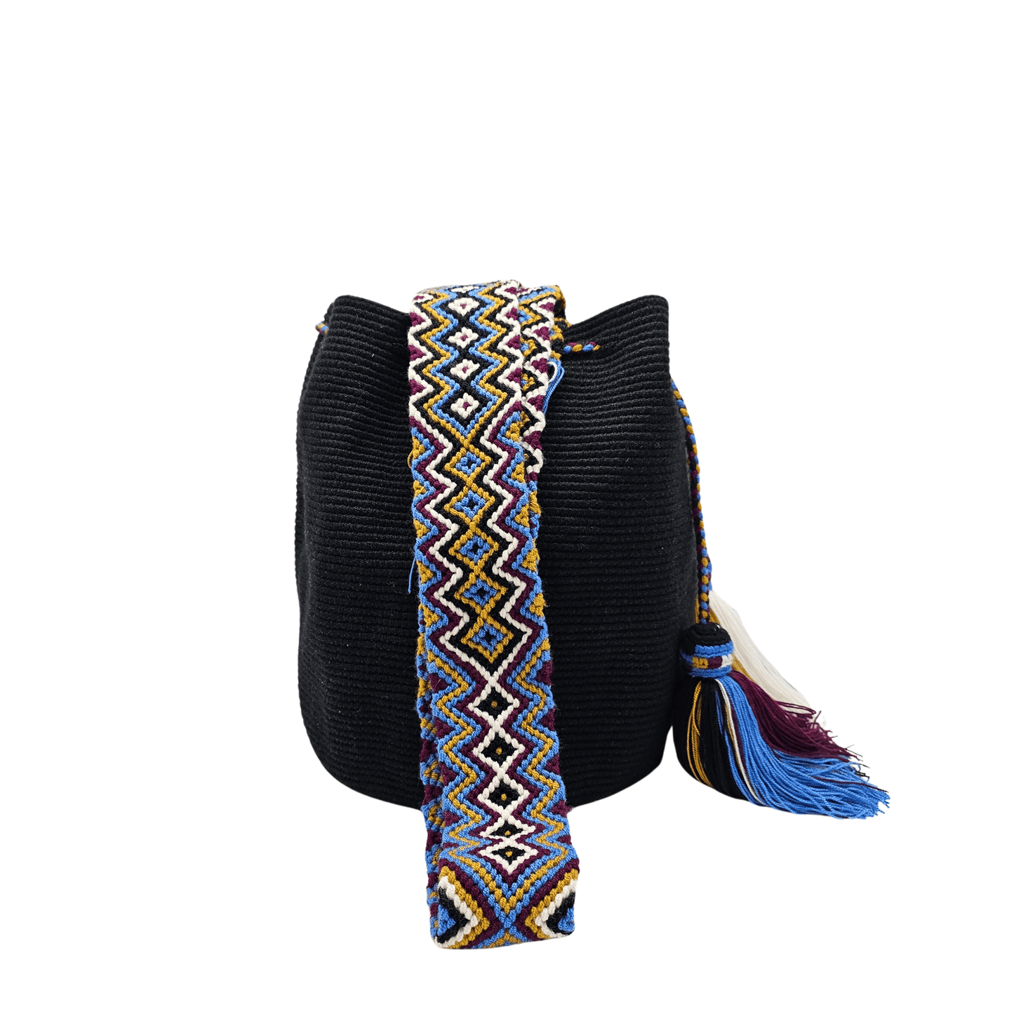 Solid black Wayuu bag with colorful macrame strap, perfect for everyday use by Origin Colombia.