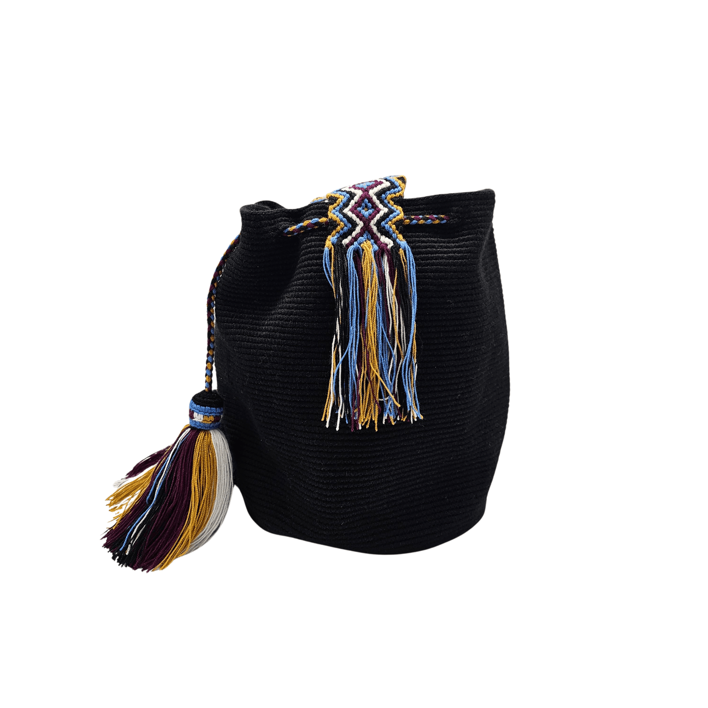 Solid black Wayuu bag with colorful macrame strap, perfect for everyday use by Origin Colombia.