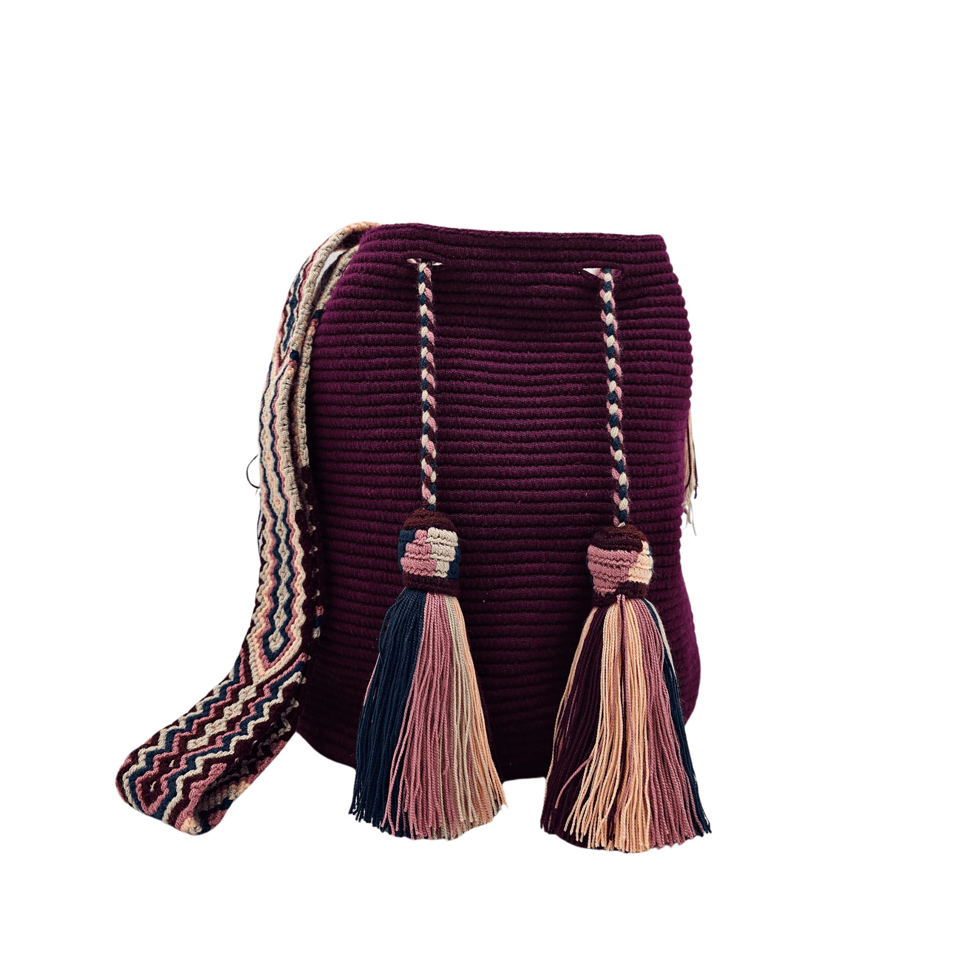 Handmade Wayuu bag in rich wine color with intricate woven details. Features a braided drawstring with multicolor tassels and a patterned strap in pink, navy, and beige.








