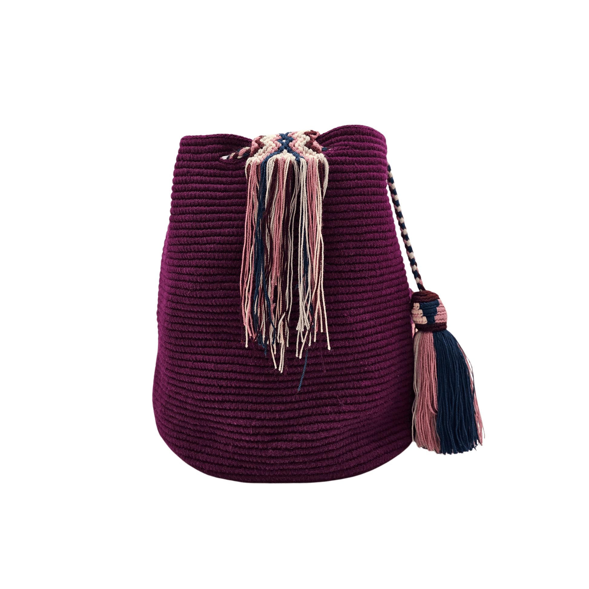 Handmade Wayuu bag in rich wine color with intricate woven details. Features a braided drawstring with multicolor tassels and a patterned strap in pink, navy, and beige.







