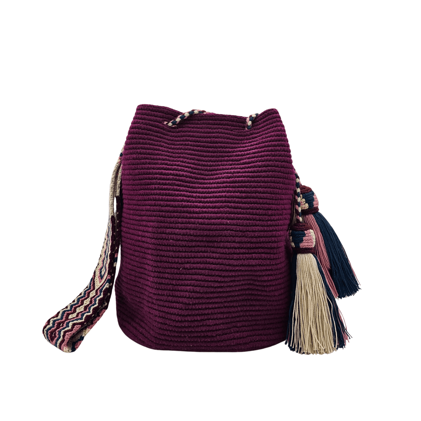 Handmade Wayuu bag in rich wine color with intricate woven details. Features a braided drawstring with multicolor tassels and a patterned strap in pink, navy, and beige.







