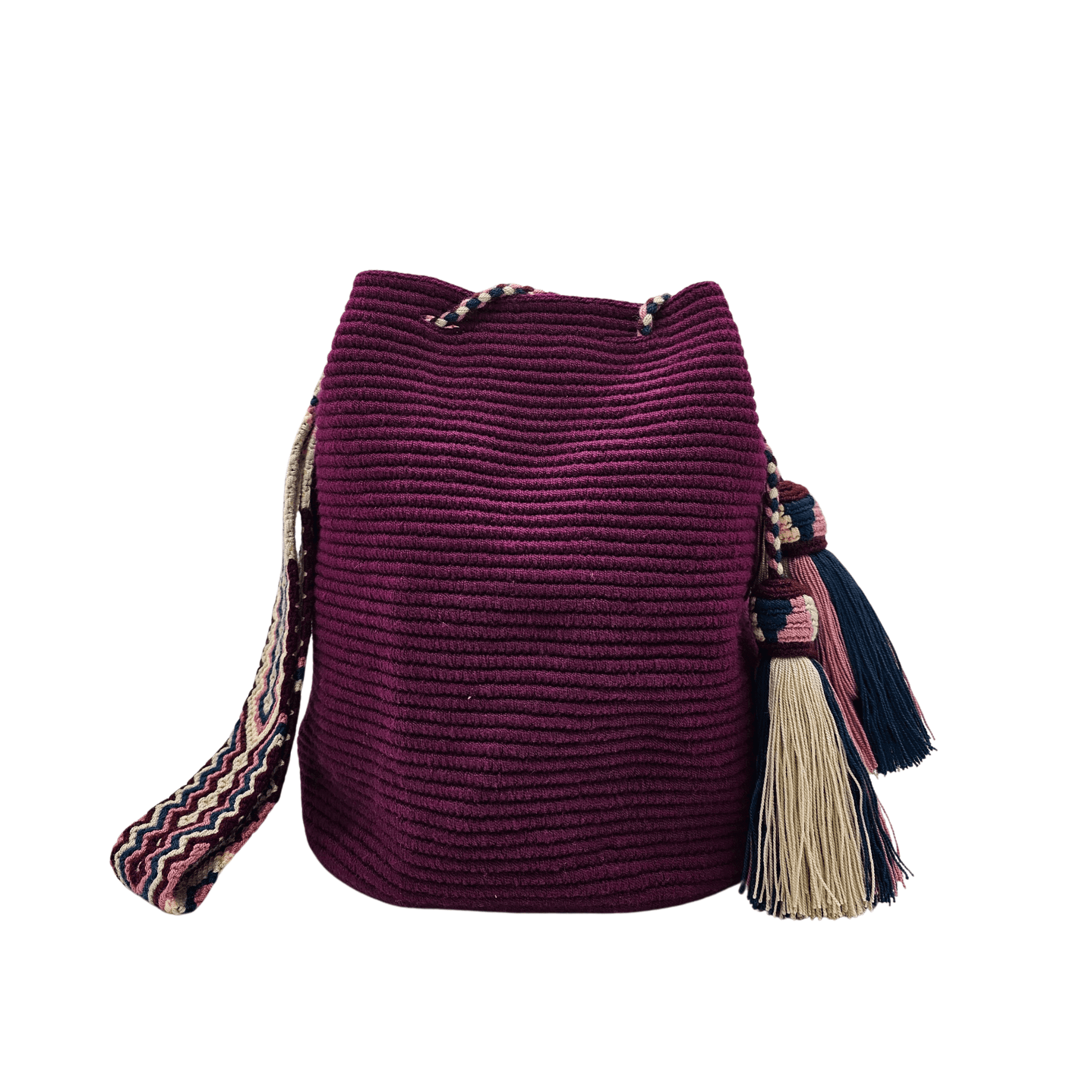 Handmade Wayuu bag in rich wine color with intricate woven details. Features a braided drawstring with multicolor tassels and a patterned strap in pink, navy, and beige.







