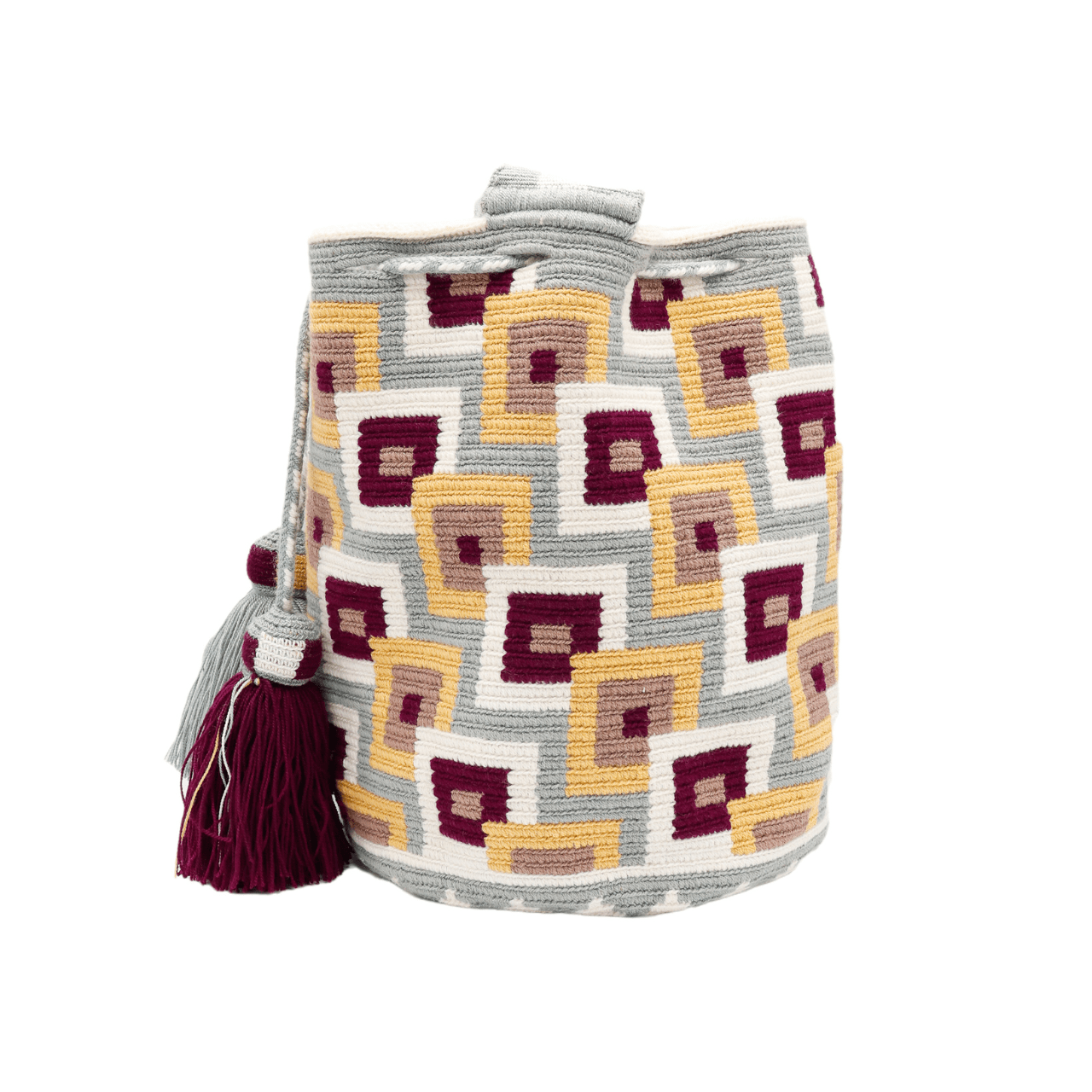 Discover the enchanting Dawn Wayuu Mochila Bag featuring shades of gray, vanilla, burgundy, and dusty pink. This bag boasts a modern design and a truly unique combination of colors, making it a standout accessory.