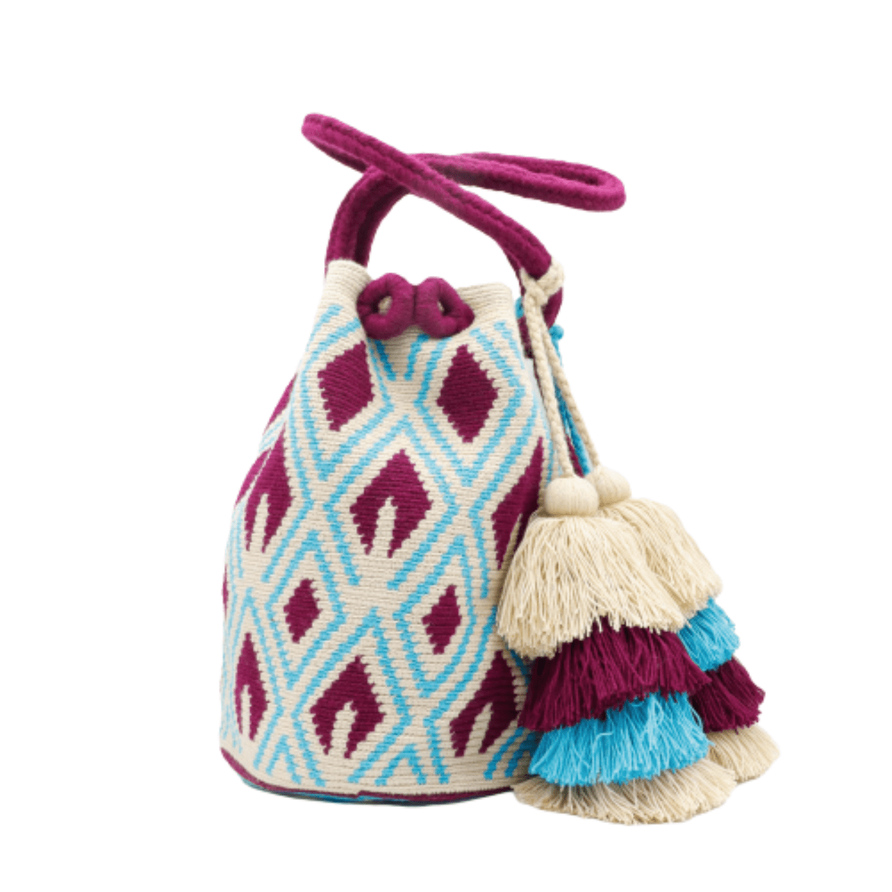  Demi Large Tote Bag for Women in Aqua, Beige, and Magenta with Intricate Design, Braided Handles, Tassels, and Pom Poms.