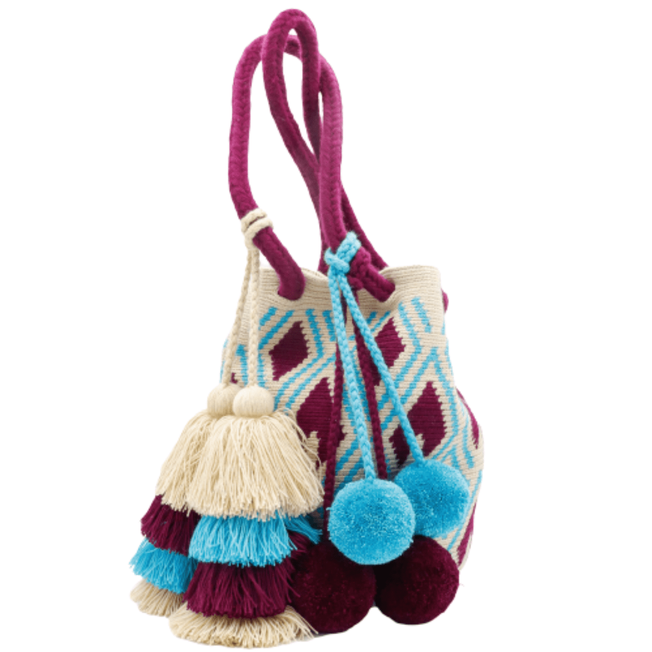  Demi Large Tote Bag for Women in Aqua, Beige, and Magenta with Intricate Design, Braided Handles, Tassels, and Pom Poms.