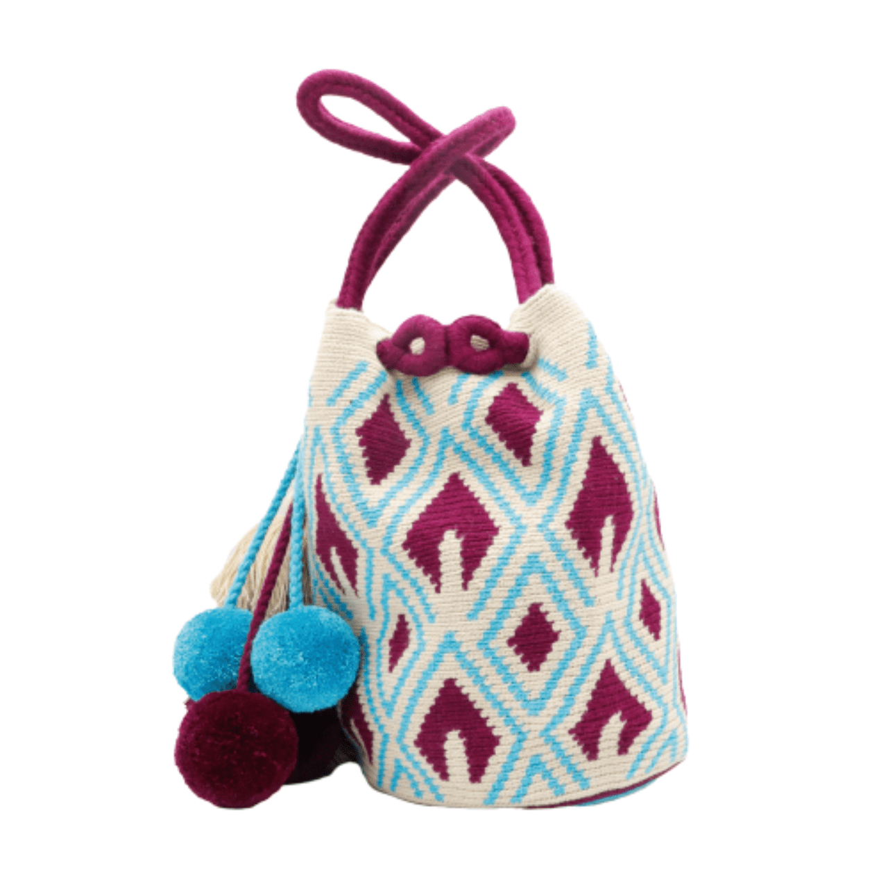  Demi Large Tote Bag for Women in Aqua, Beige, and Magenta with Intricate Design, Braided Handles, Tassels, and Pom Poms.