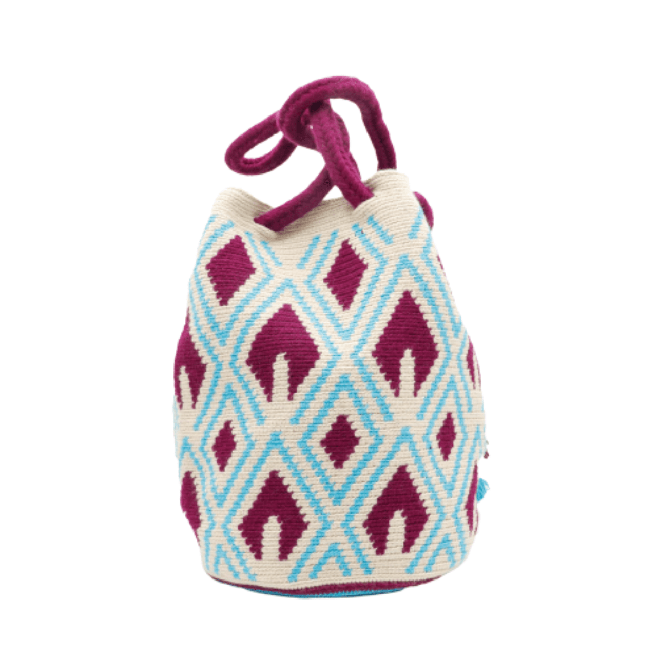  Demi Large Tote Bag for Women in Aqua, Beige, and Magenta with Intricate Design, Braided Handles, Tassels, and Pom Poms.
