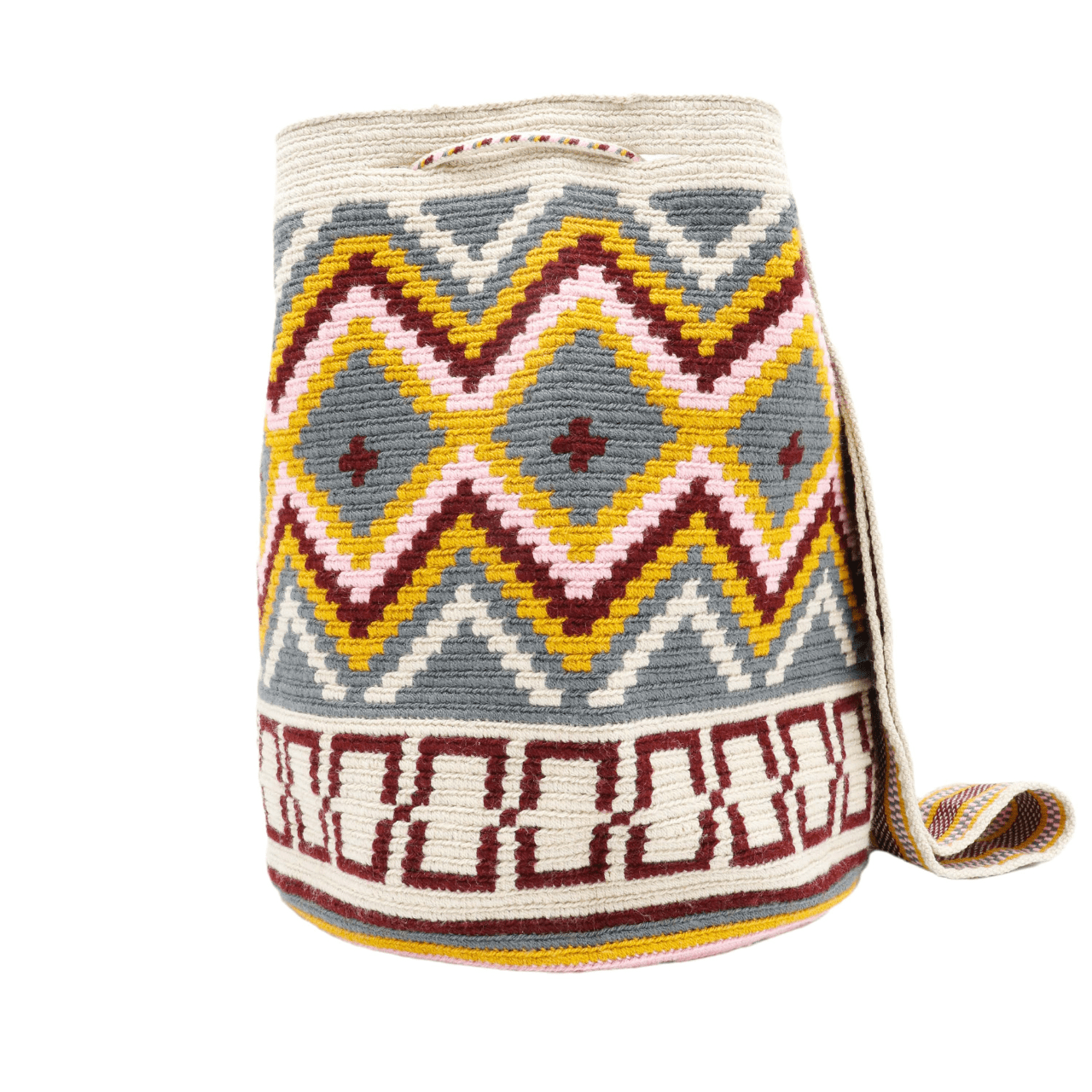 Handcrafted Wayuu bag featuring a vibrant mix of colors, showcasing the intricate weaving techniques of the Wayuu artisans