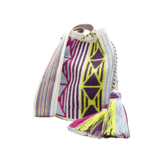 Emilia Wayuu mochila - Stunning Blend of Plum, Blue, Moss Green, and Sky Blue over a Beige Background - Discover Colombian Artistry
