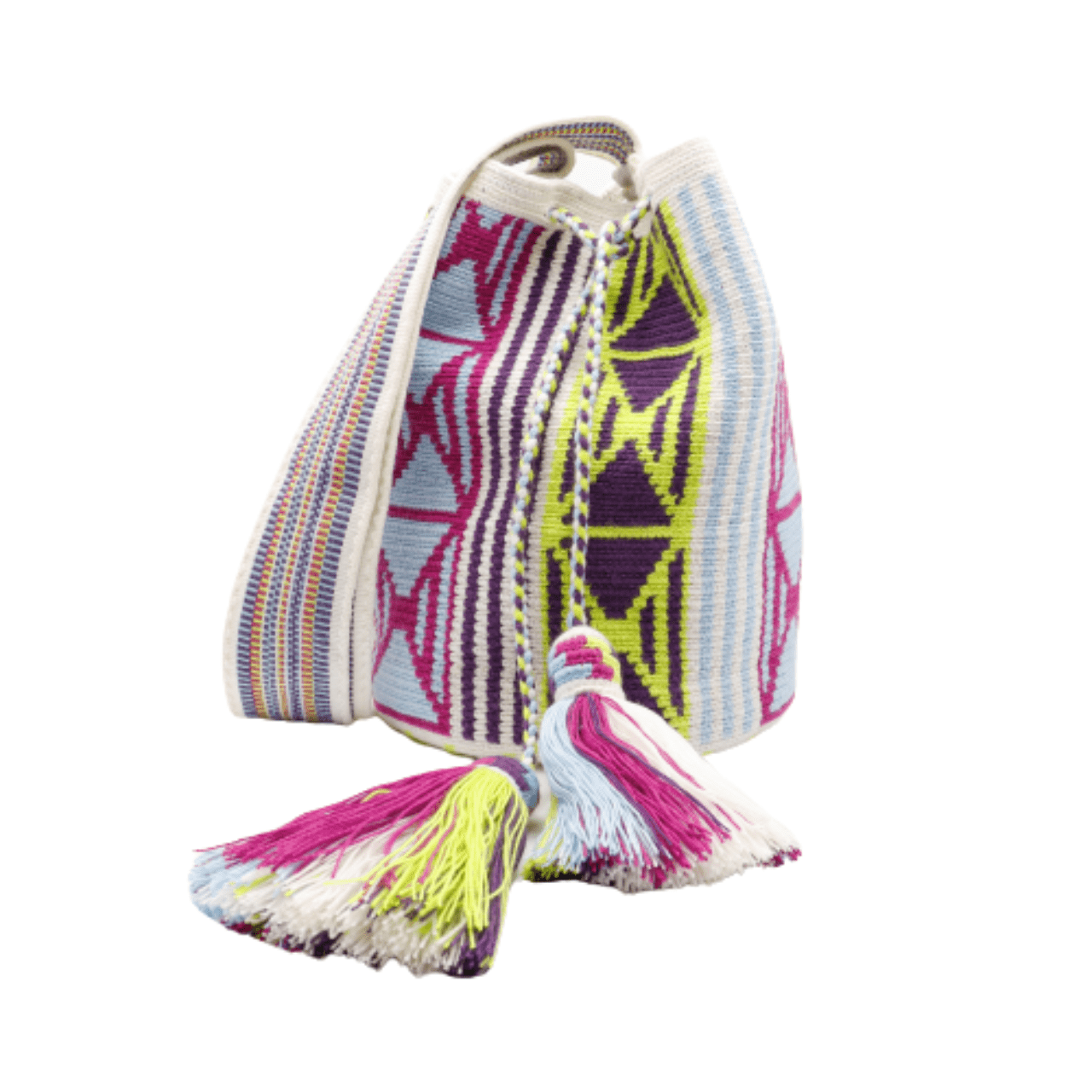 Emilia  Wayuu Mochila - Stunning Blend of Plum, Blue, Moss Green, and Sky Blue over a Beige Background - Discover Colombian Artistry