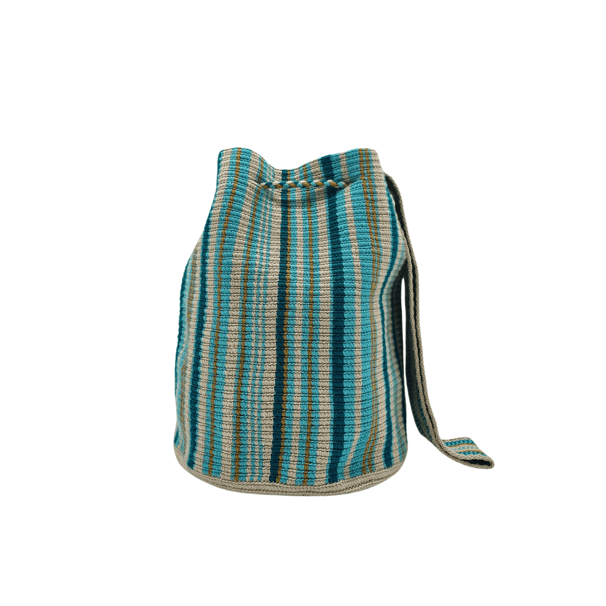 The "Estrella" Wayuu Mochila bag. A striped shoulder bag with shades of blue and beige, a drawstring closure, and tassel details.
