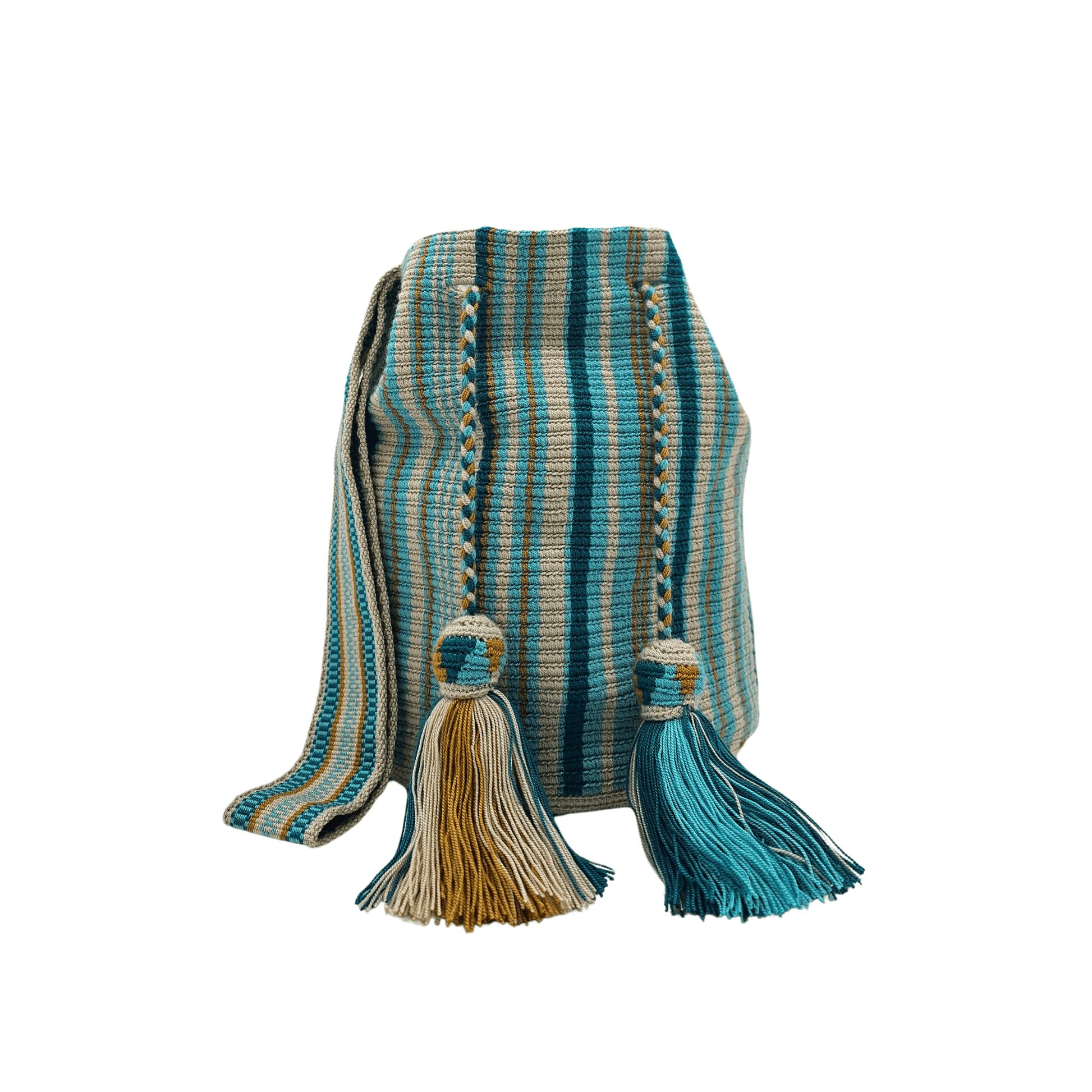 The "Estrella" Wayuu Mochila bag. A striped shoulder bag with shades of blue and beige, a drawstring closure, and tassel details.