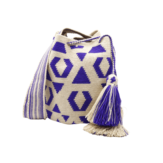 Fabiana Wayuu Bag: Stunning Geometric Pattern in Purple, Blue, and Beige, Perfect for Crossbody Use
