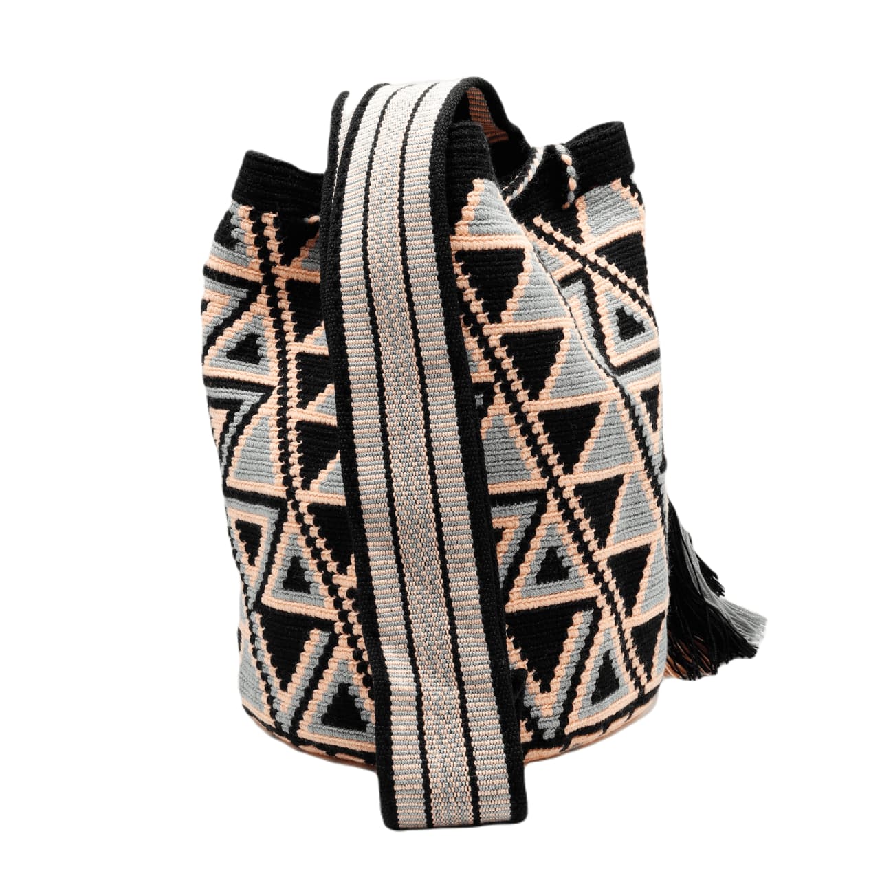 Stunning Wayuu bag in black, pink, and gray with intricate pattern, perfect for crossbody wear.