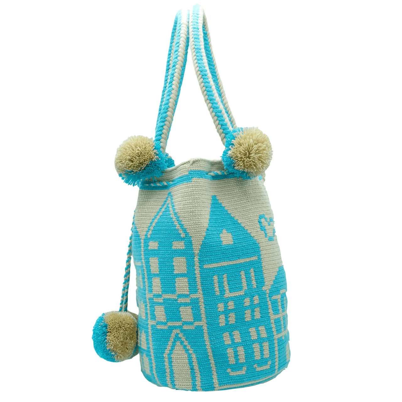 Gala Crochet Tote Bag - Unique Wayuu Style, Inspired by La Guajira, Colombia. Aqua and Beige Colors with Pom Poms. Handcrafted by Expert Wayuu Women Artisans. Large Size, Sturdy & Stylish.