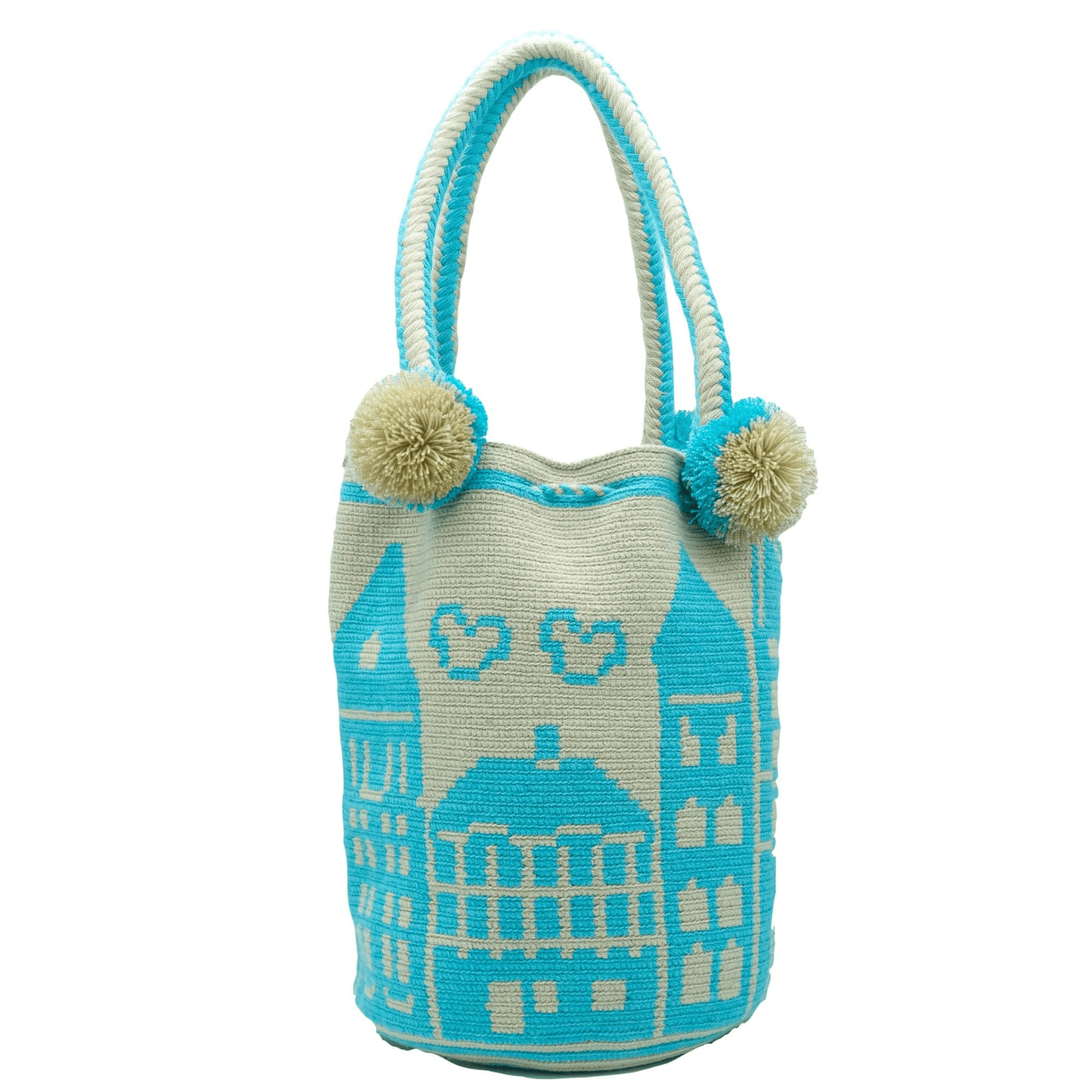 Gala Crochet Tote Bag - Unique Wayuu Style, Inspired by La Guajira, Colombia. Aqua and Beige Colors with Pom Poms. Handcrafted by Expert Wayuu Women Artisans. Large Size, Sturdy & Stylish.
