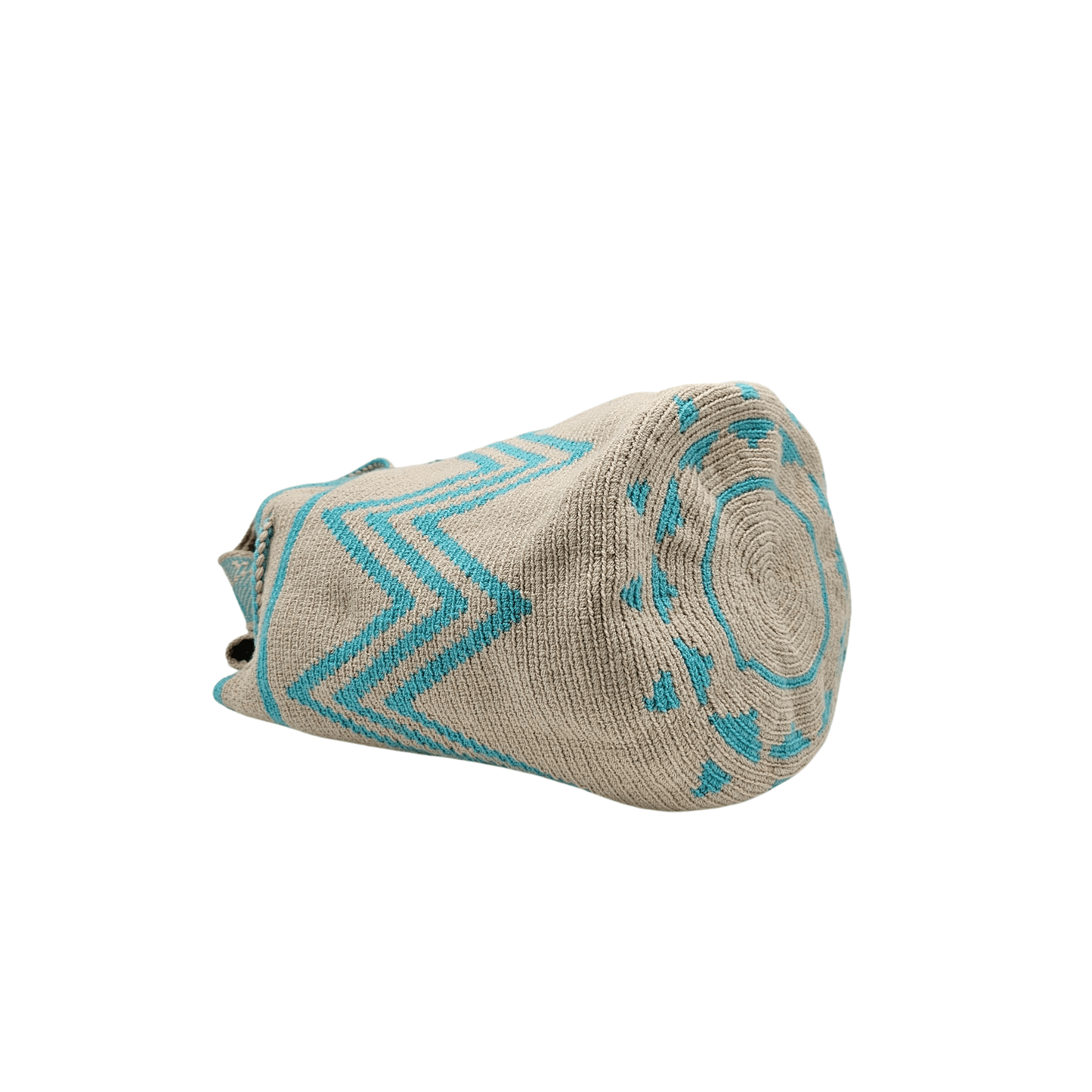 A simple yet captivating beige Wayuu bag adorned with aqua patterns, showcasing a minimalist design with intricate woven details.