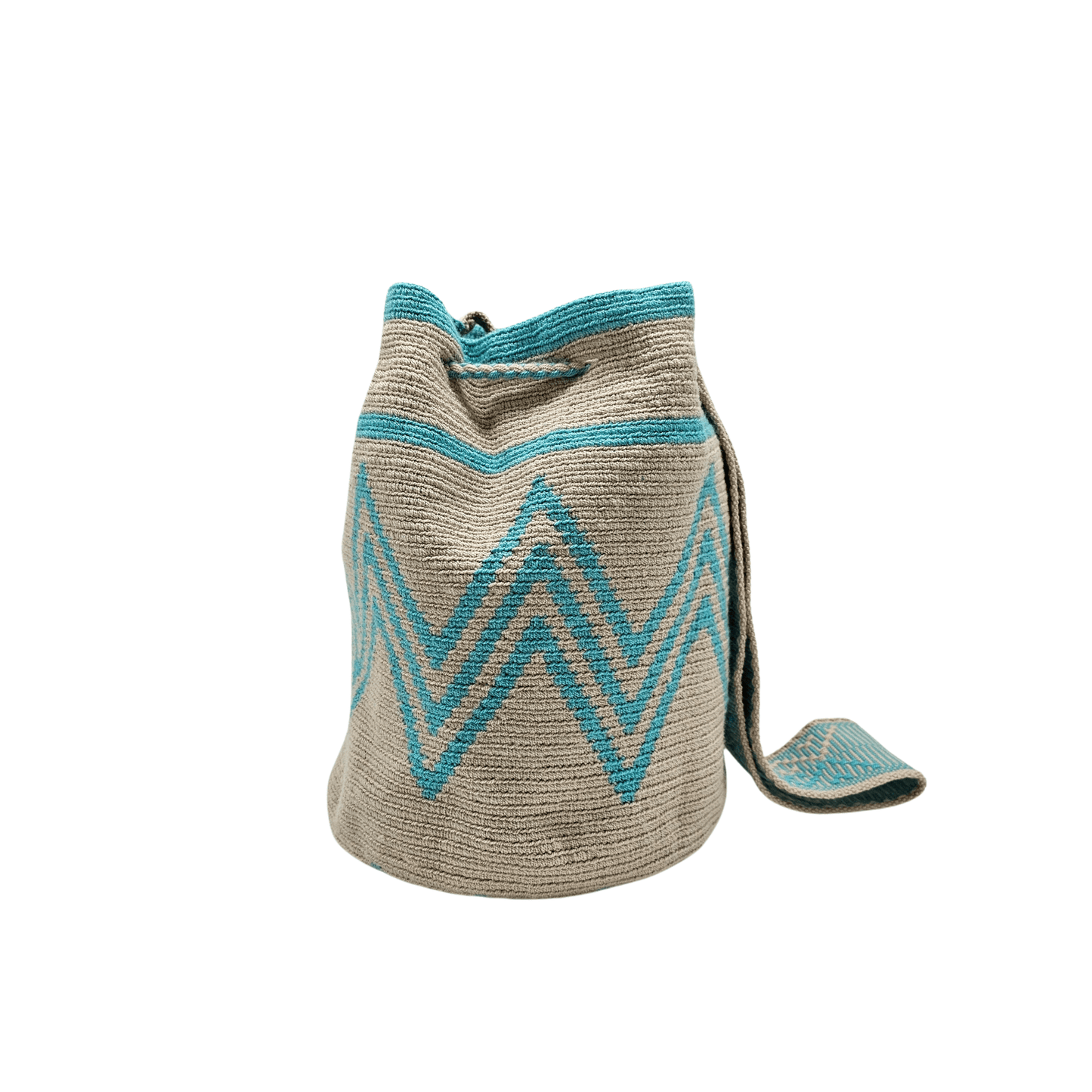 A simple yet captivating beige Wayuu bag adorned with aqua patterns, showcasing a minimalist design with intricate woven details.