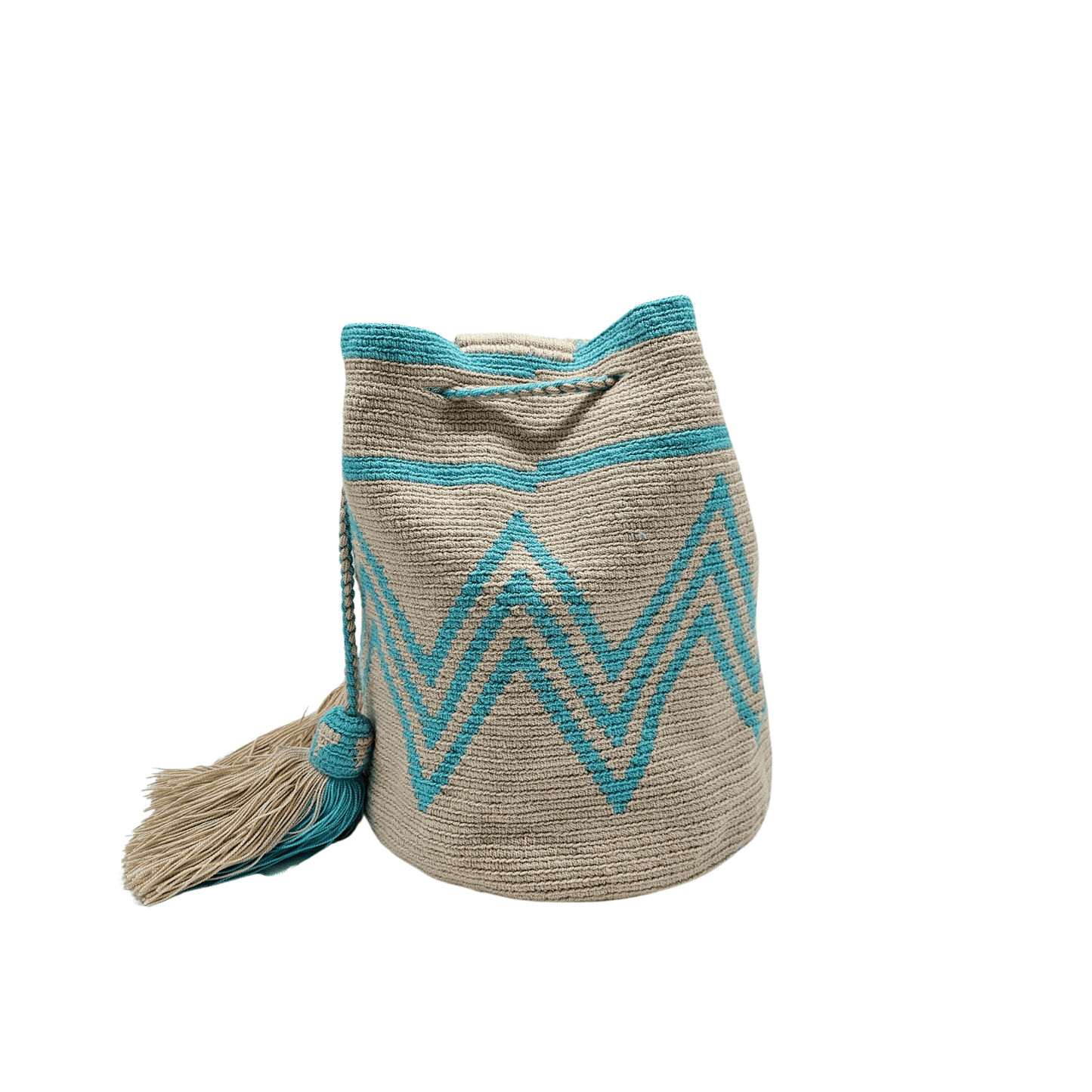 A simple yet captivating beige Wayuu bag adorned with aqua patterns, showcasing a minimalist design with intricate woven details.