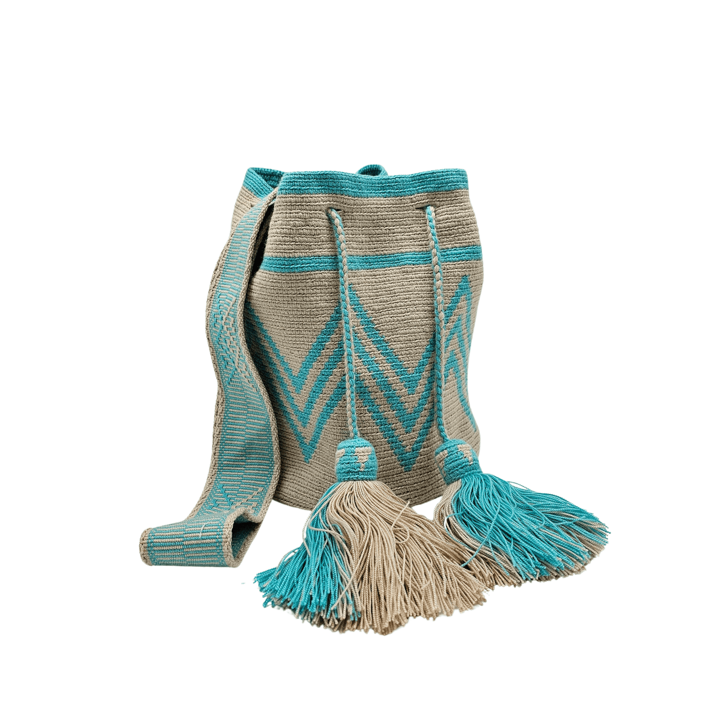 A simple yet captivating beige Wayuu bag adorned with aqua patterns, showcasing a minimalist design with intricate woven details.