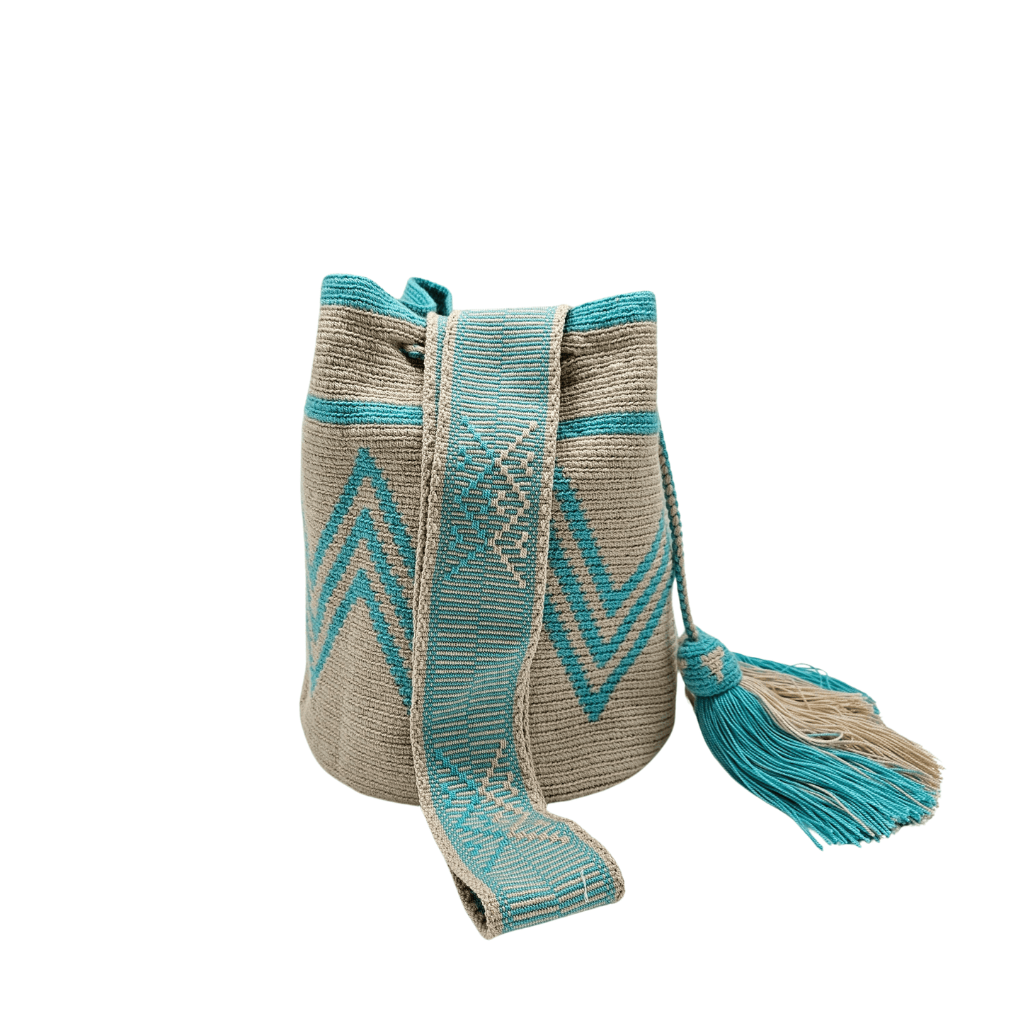 A simple yet captivating beige Wayuu bag adorned with aqua patterns, showcasing a minimalist design with intricate woven details.