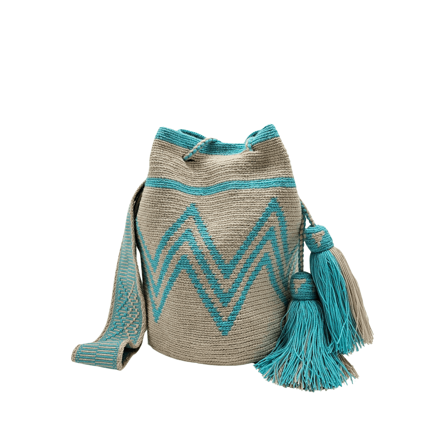 A simple yet captivating beige Wayuu bag adorned with aqua patterns, showcasing a minimalist design with intricate woven details.