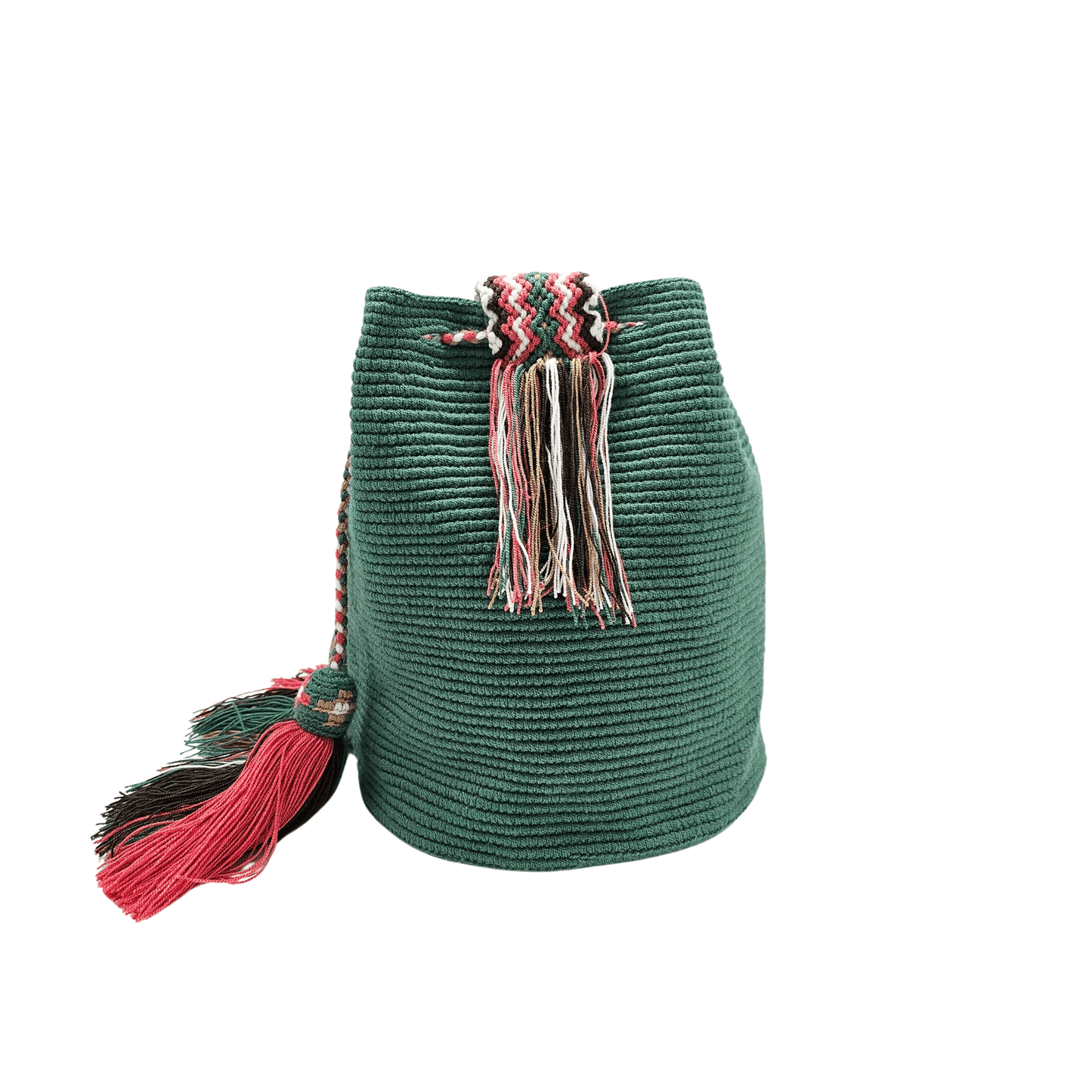 Solid green Wayuu bag with a beautiful macrame strap. Handmade by Colombian artisans, this unique piece adds a touch of elegance to any outfit. 