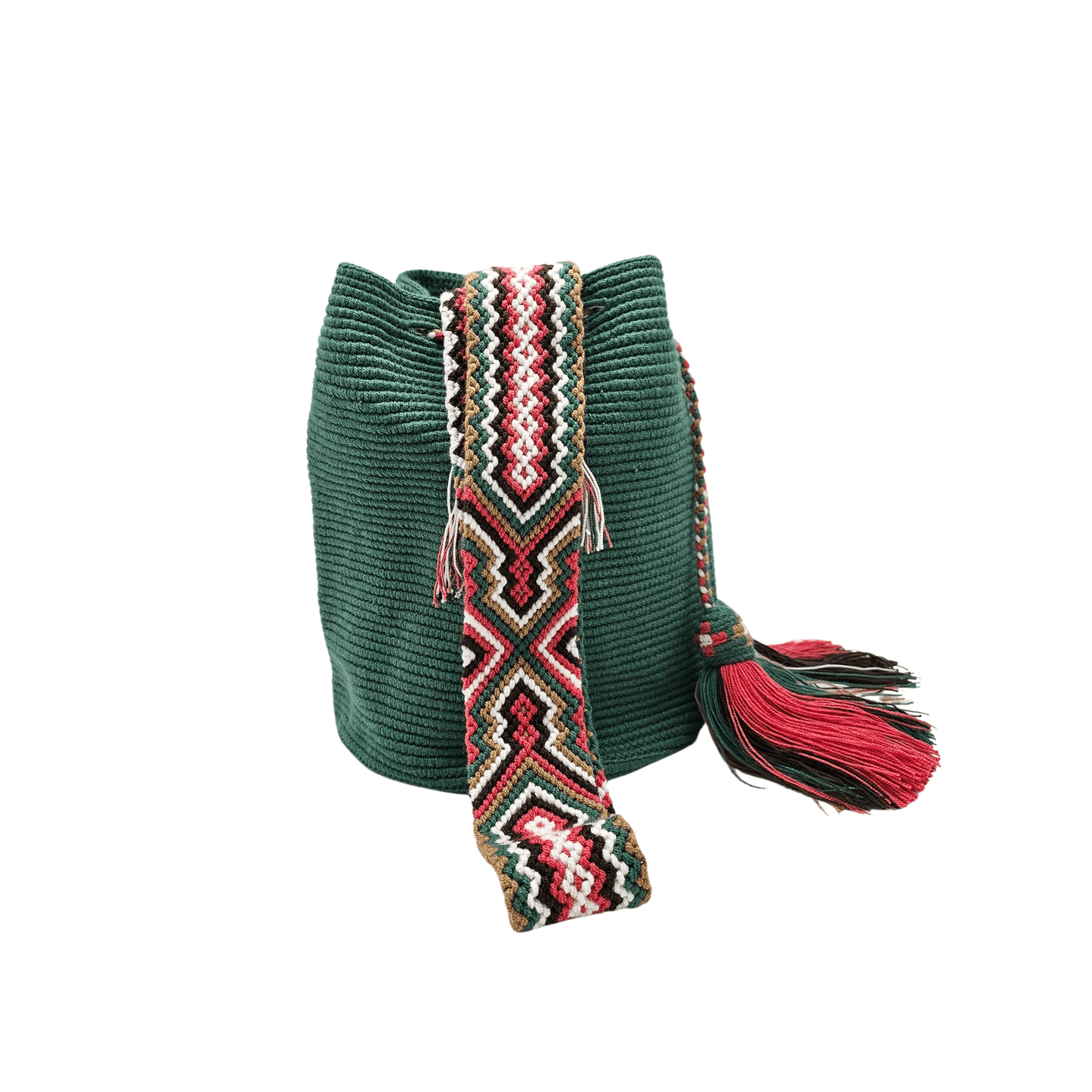 Solid green Wayuu bag with a beautiful macrame strap. Handmade by Colombian artisans, this unique piece adds a touch of elegance to any outfit. 