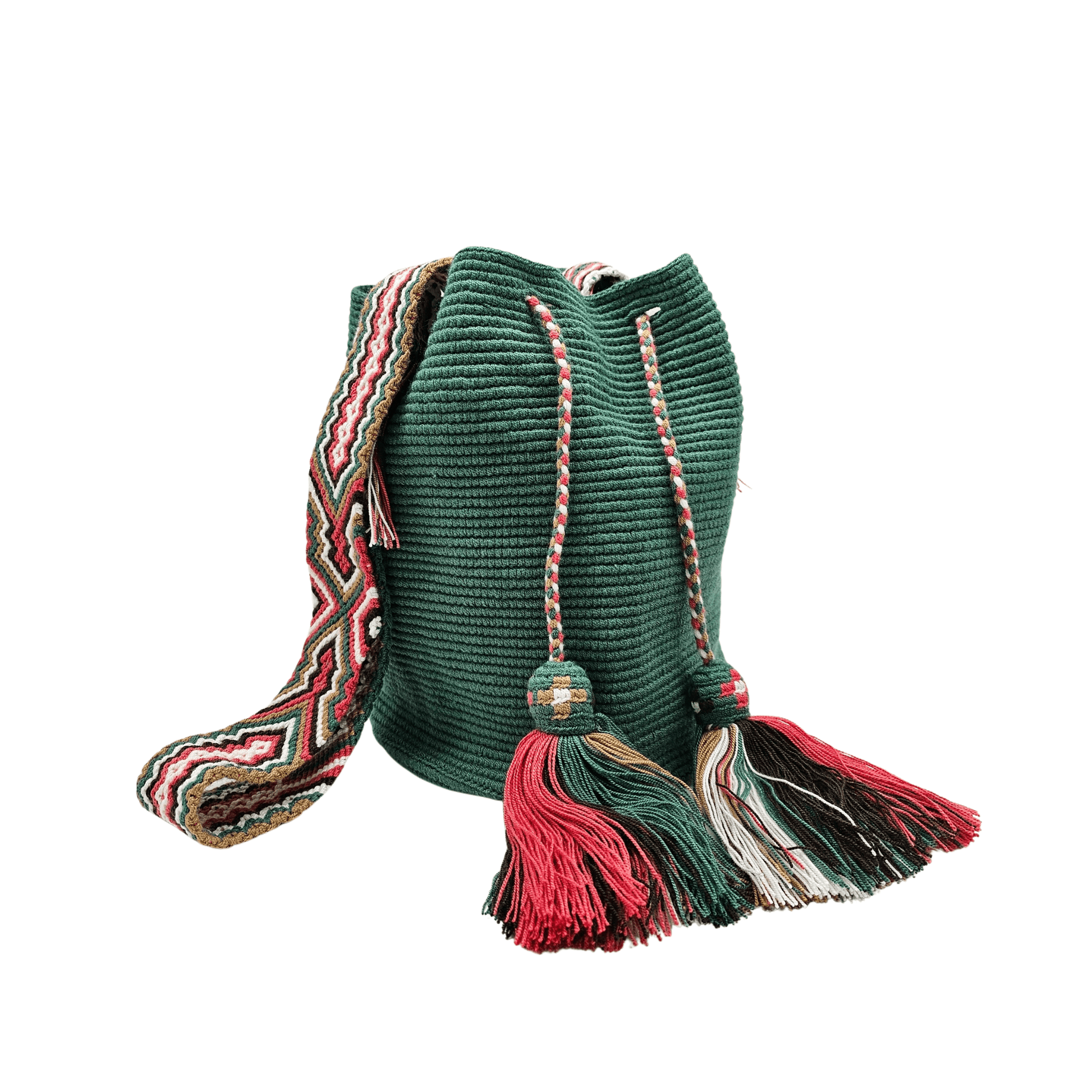 Solid green Wayuu bag with a beautiful macrame strap. Handmade by Colombian artisans, this unique piece adds a touch of elegance to any outfit. 