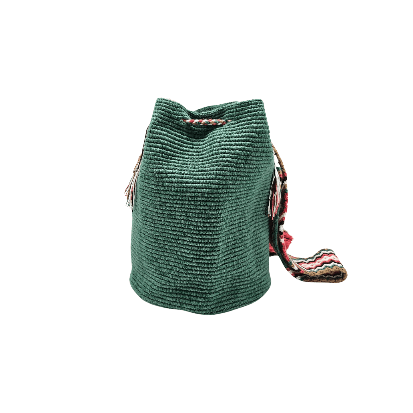 Solid green Wayuu bag with a beautiful macrame strap. Handmade by Colombian artisans, this unique piece adds a touch of elegance to any outfit. 