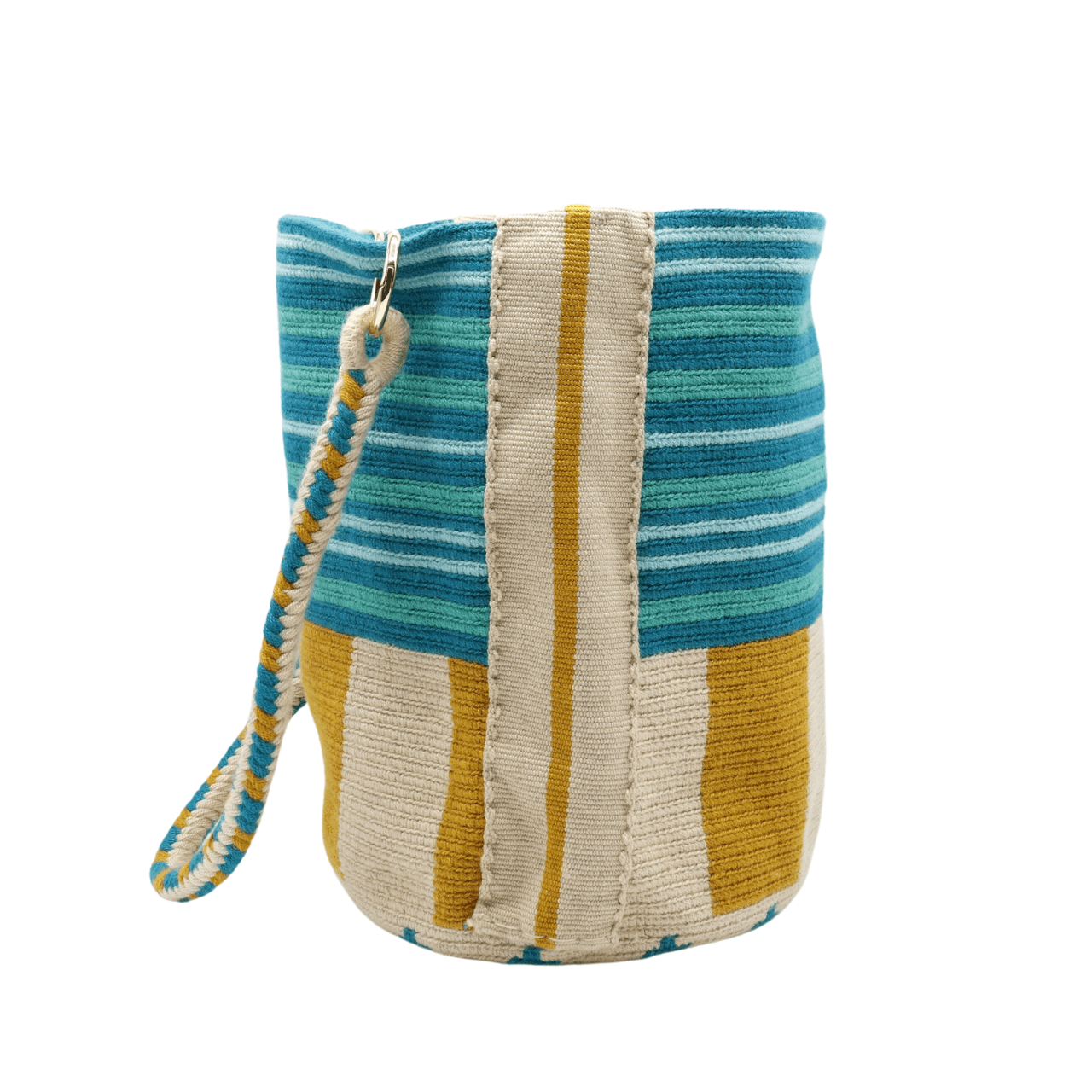Chic and stylish crochet tote bag in mixed blues and yellows, featuring a shoulder strap and braided handle for versatility and flair.