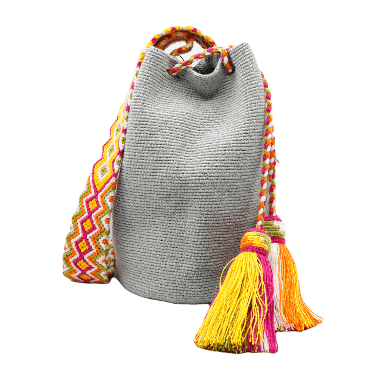 Harriet Wayuu bag in fog shade with a vibrant macrame shoulder strap, a fashionable and colorful addition to your outfit.
