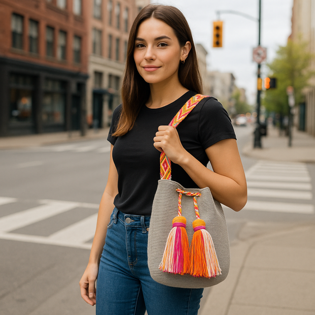 Harriet Wayuu bag in fog shade with a vibrant macrame shoulder strap, a fashionable and colorful addition to your outfit.