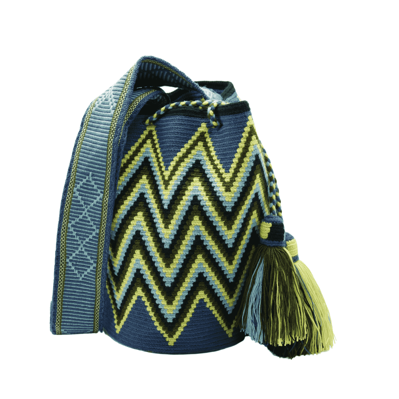 Hattie Wayuu Bag - Handmade in Colombia, showcasing a beautiful blend of greens and blues, exuding a vibrant and captivating allure.