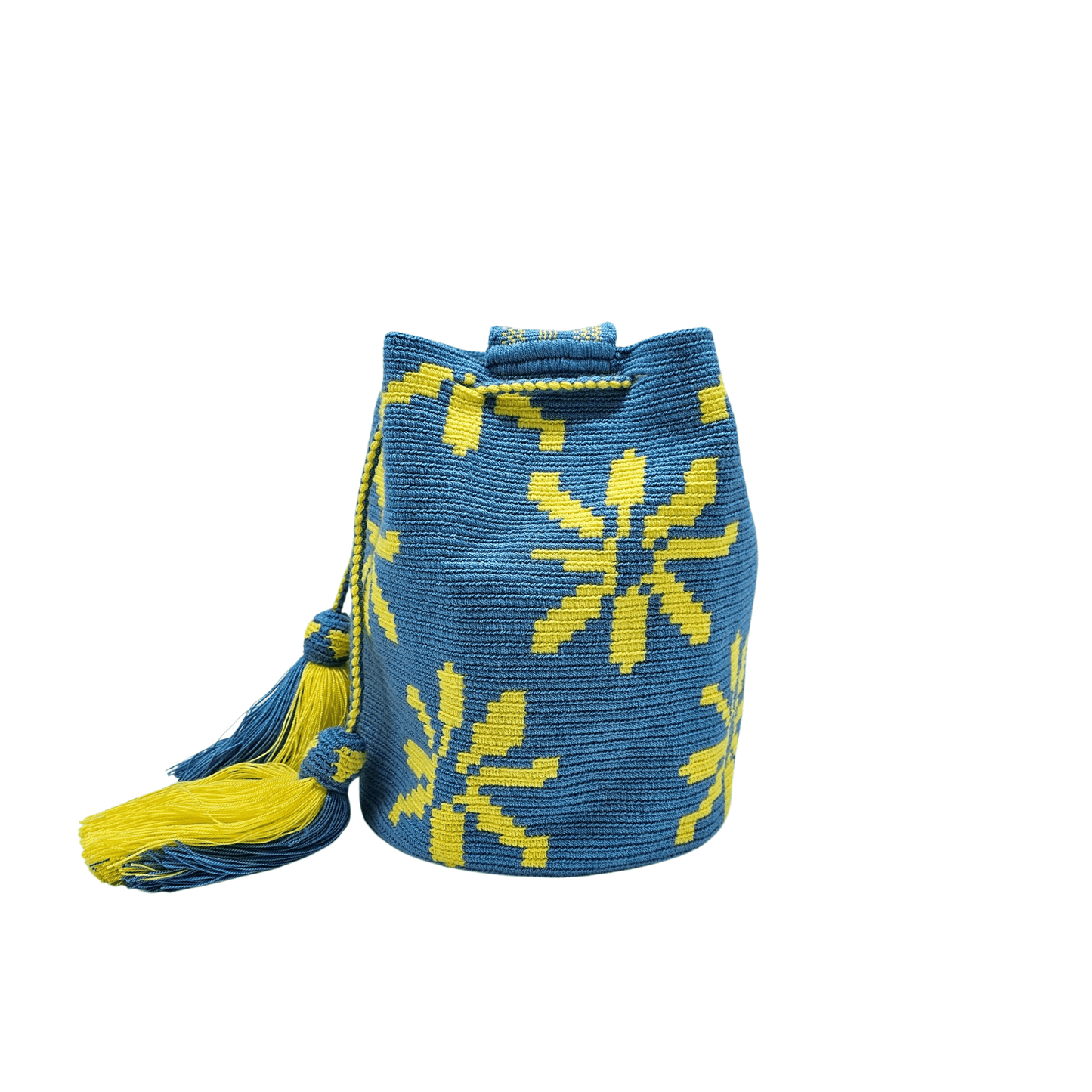 Handmade Wayuu bag by Wayuu artisans, this unique bag in cobalt blue and yellow with a flowers design is perfect for everyday use.