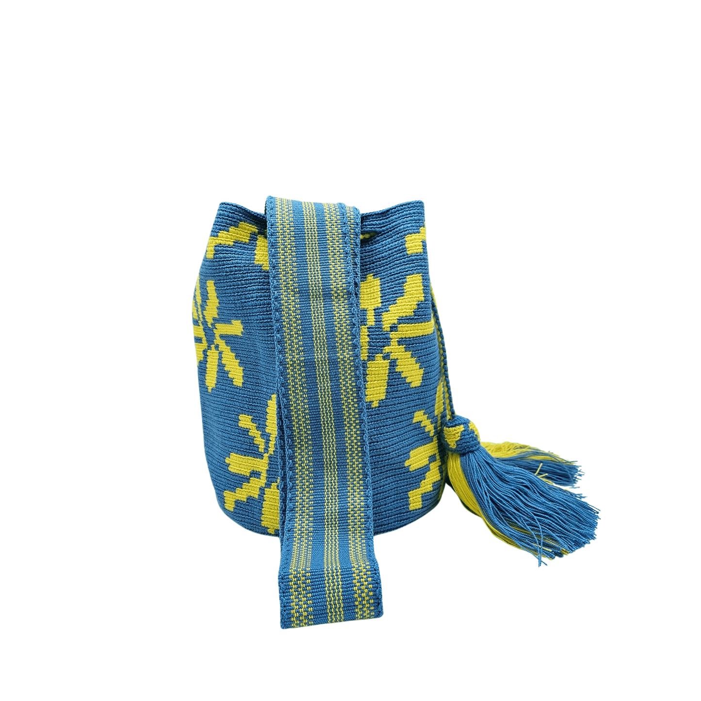 Handmade Wayuu bag by Wayuu artisans, this unique bag in cobalt blue and yellow with a flowers design is perfect for everyday use.