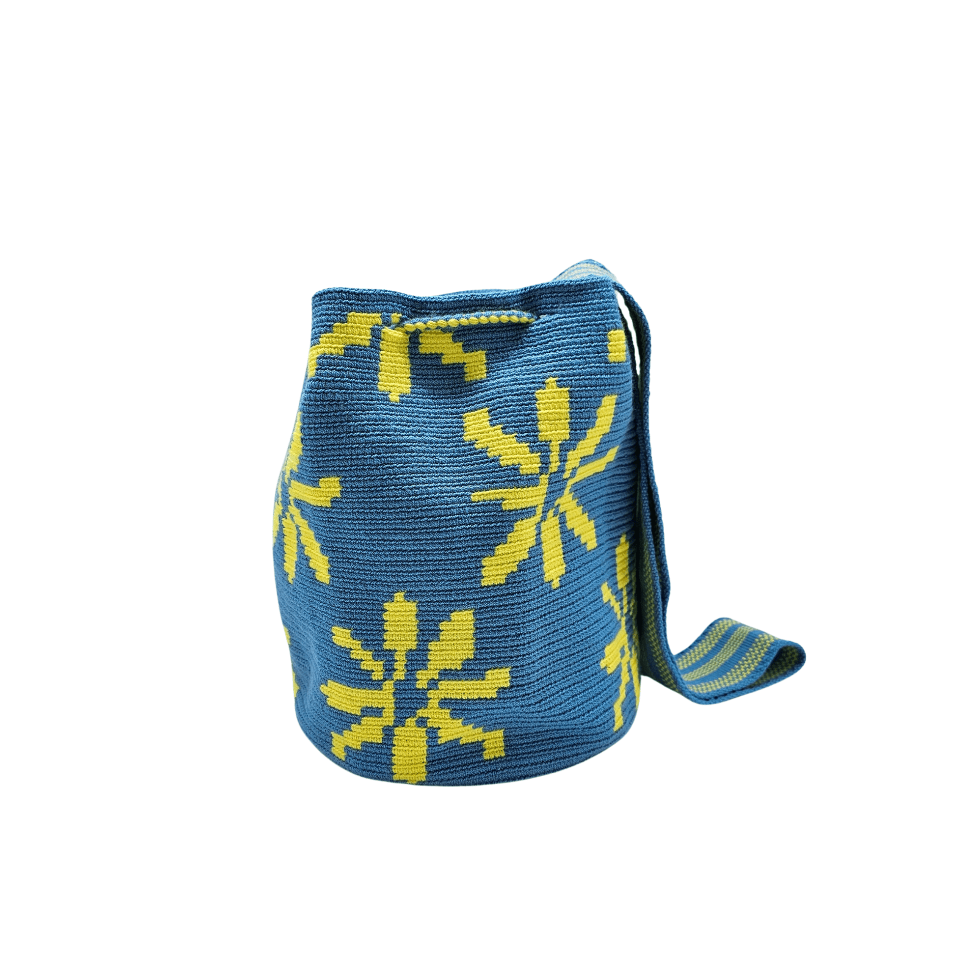 Handmade Wayuu bag by Wayuu artisans, this unique bag in cobalt blue and yellow with a flowers design is perfect for everyday use.