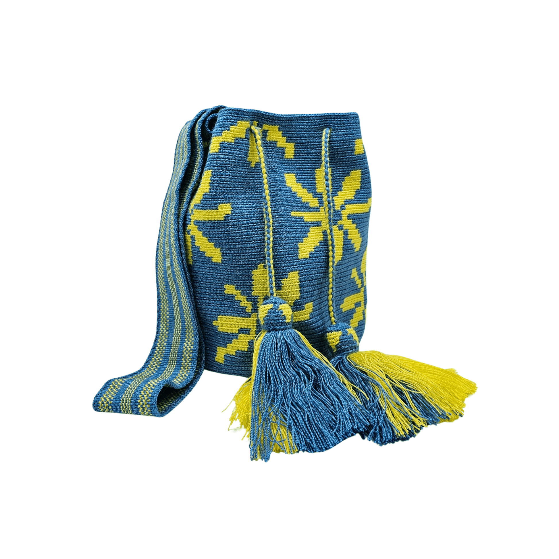 Handmade Wayuu bag by Wayuu artisans, this unique bag in cobalt blue and yellow with a flowers design is perfect for everyday use.