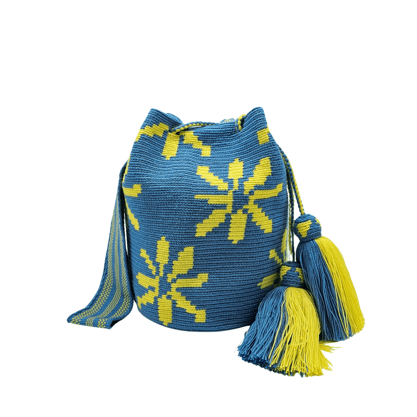 Handmade Wayuu bag by Wayuu artisans, this unique bag in cobalt blue and yellow with a flowers design is perfect for everyday use.