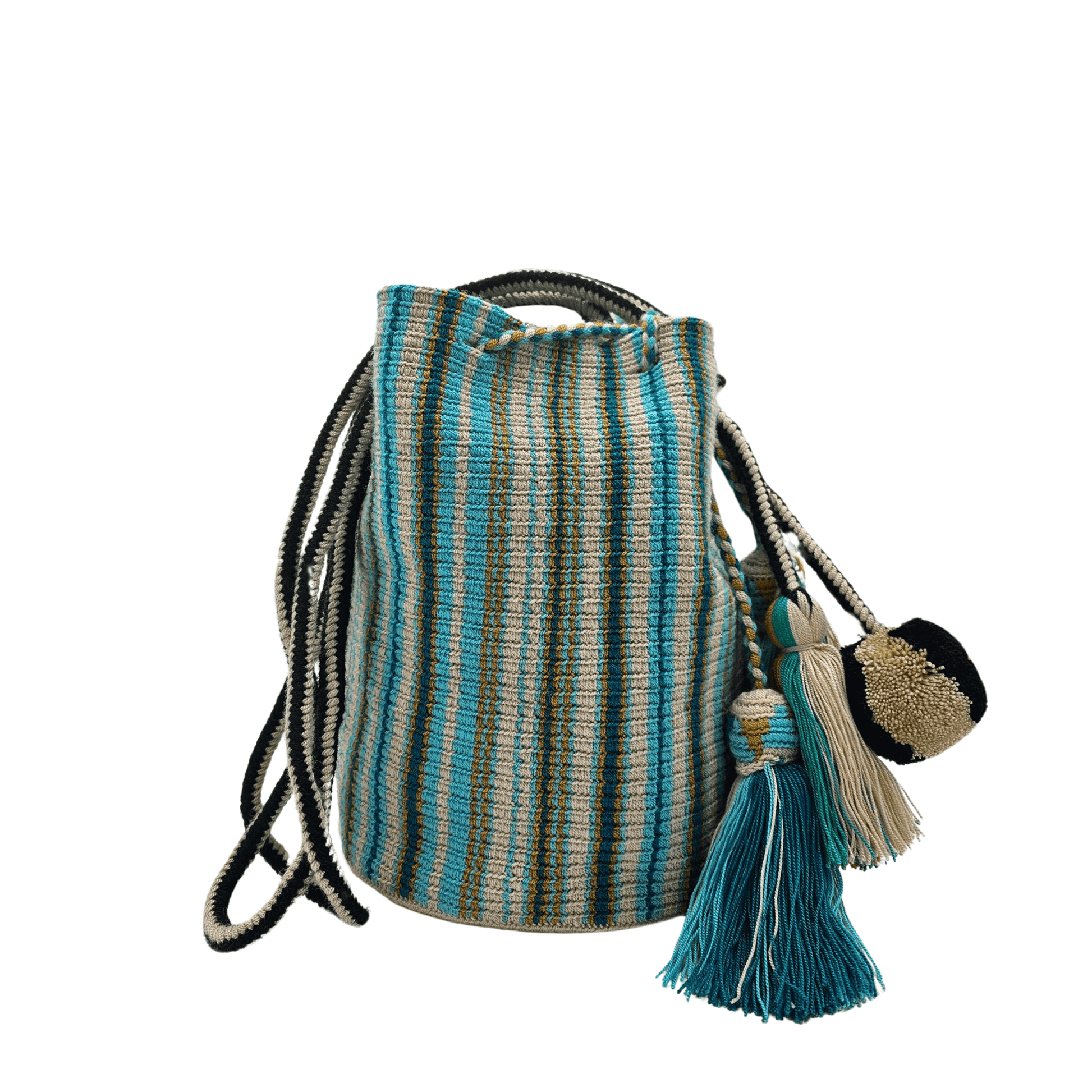 A handcrafted Wayuu bag with a vibrant striped pattern in turquoise, white, and yellow. The bag features a single long, braided black-and-white shoulder strap, a drawstring closure, and decorative tassels with a black pompoms accent.