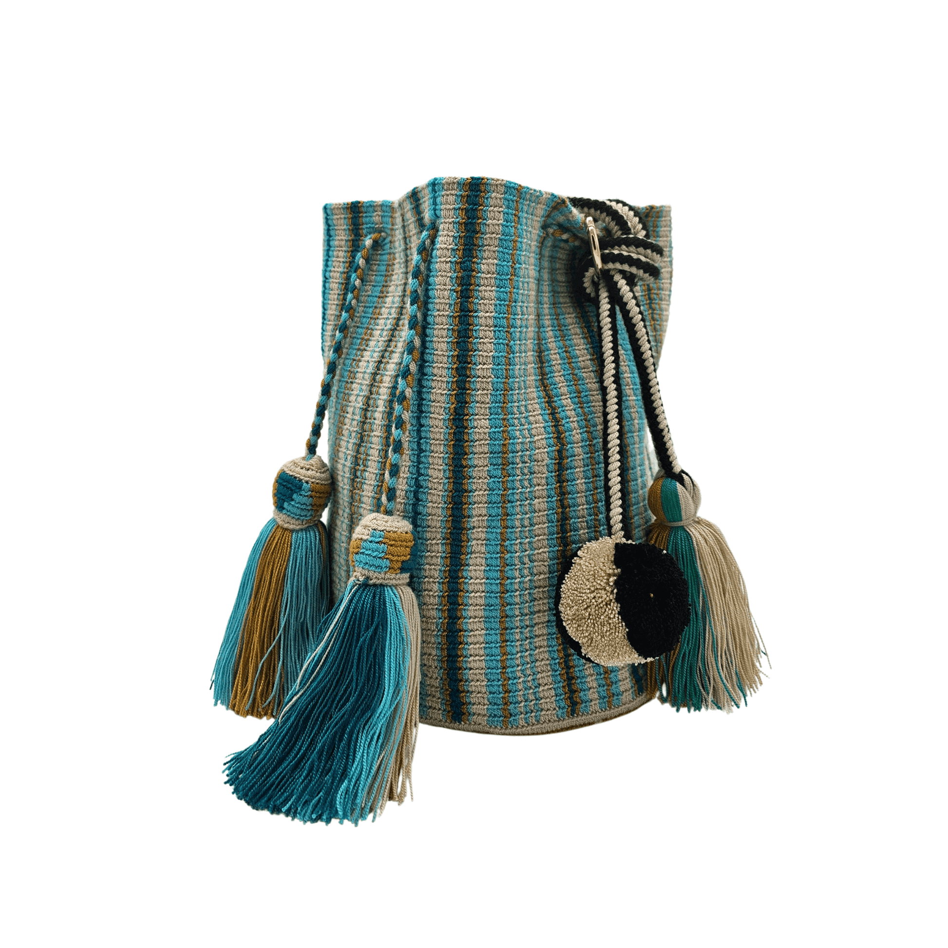 A handcrafted Wayuu bag with a vibrant striped pattern in turquoise, white, and yellow. The bag features a single long, braided black-and-white shoulder strap, a drawstring closure, and decorative tassels with a black pompoms accent.
