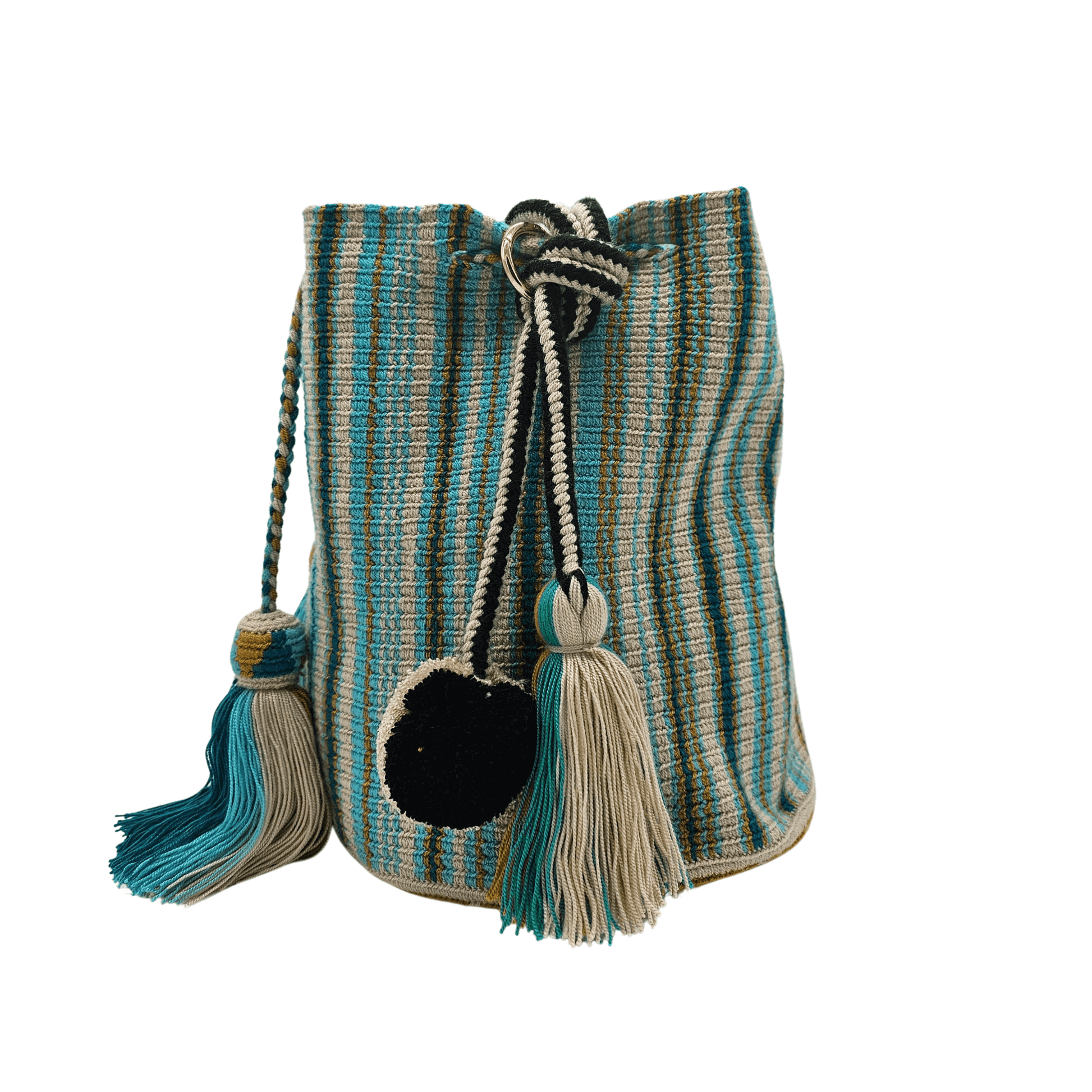 A handcrafted Wayuu bag with a vibrant striped pattern in turquoise, white, and yellow. The bag features a single long, braided black-and-white shoulder strap, a drawstring closure, and decorative tassels with a black pompoms accent.