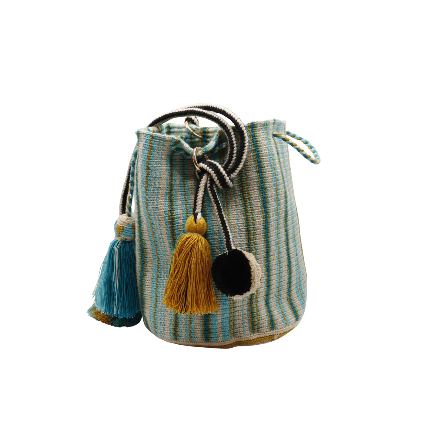 A handcrafted Wayuu bag with a vibrant striped pattern in turquoise, white, and yellow. The bag features a single long, braided black-and-white shoulder strap, a drawstring closure, and decorative tassels with a black pompoms accent.