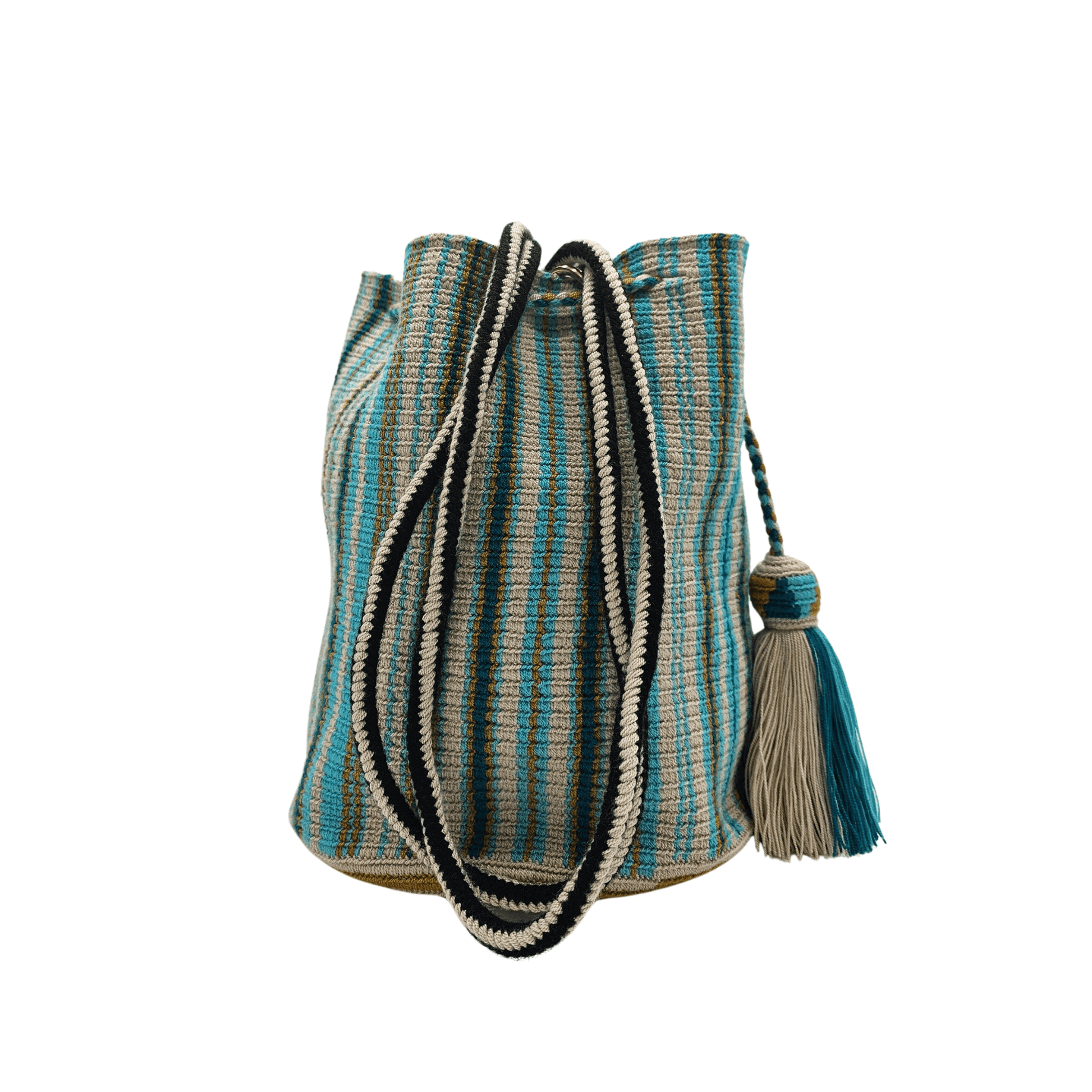 A handcrafted Wayuu bag with a vibrant striped pattern in turquoise, white, and yellow. The bag features a single long, braided black-and-white shoulder strap, a drawstring closure, and decorative tassels with a black pompoms accent.