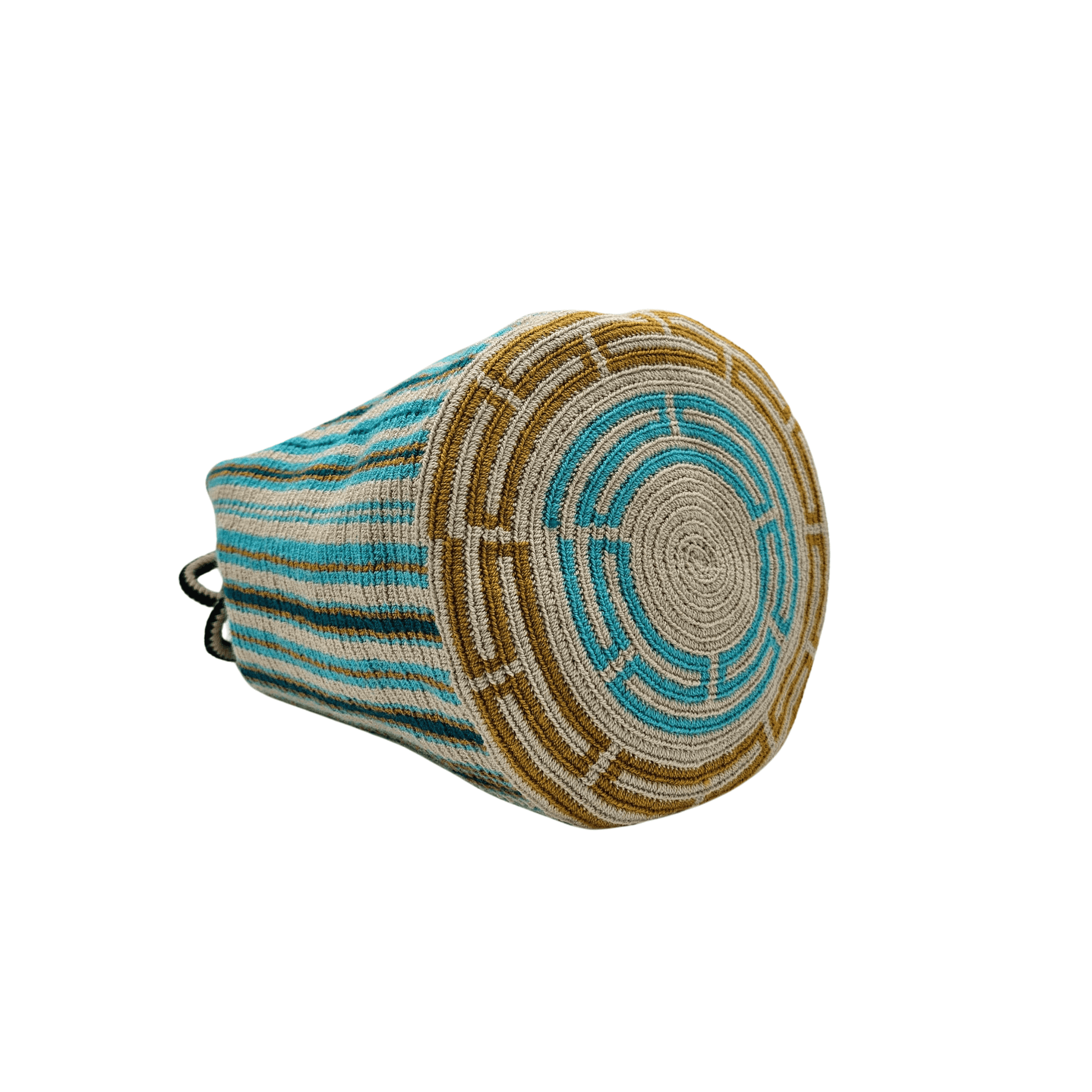A handcrafted Wayuu bag with a vibrant striped pattern in turquoise, white, and yellow. The bag features a single long, braided black-and-white shoulder strap, a drawstring closure, and decorative tassels with a black pompoms accent.