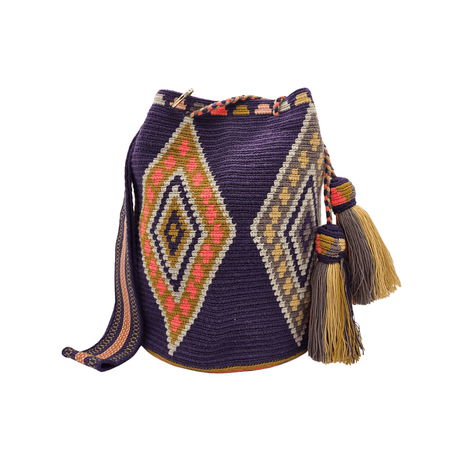 A handmade Wayuu Mochila bag from Colombia, featuring a striking diamond pattern on a plumb background with pink and orange details.