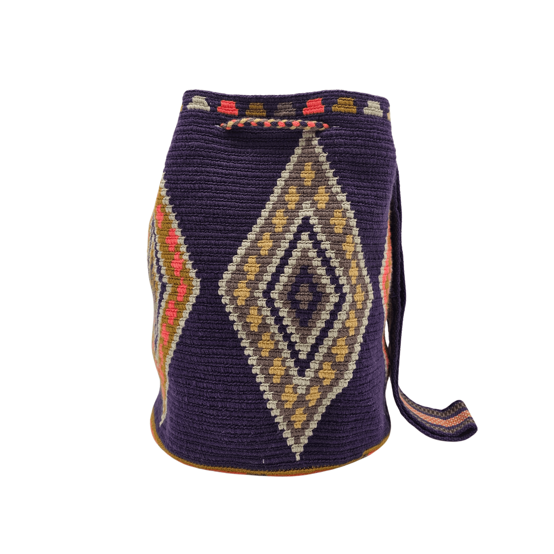 A handmade Wayuu Mochila bag from Colombia, featuring a striking diamond pattern on a plumb background with pink and orange details.