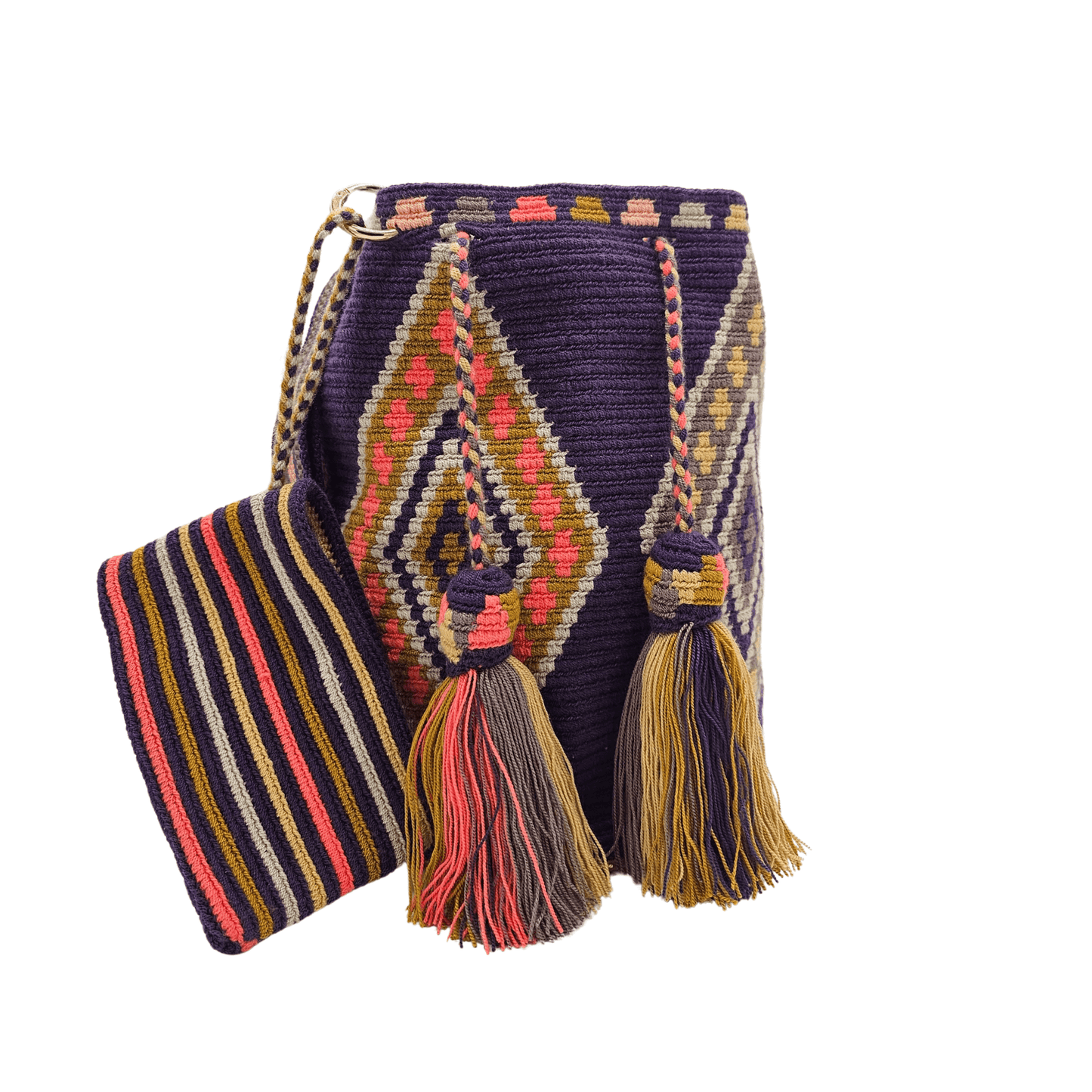 A handmade Wayuu Mochila bag from Colombia, featuring a striking diamond pattern on a plumb background with pink and orange details.