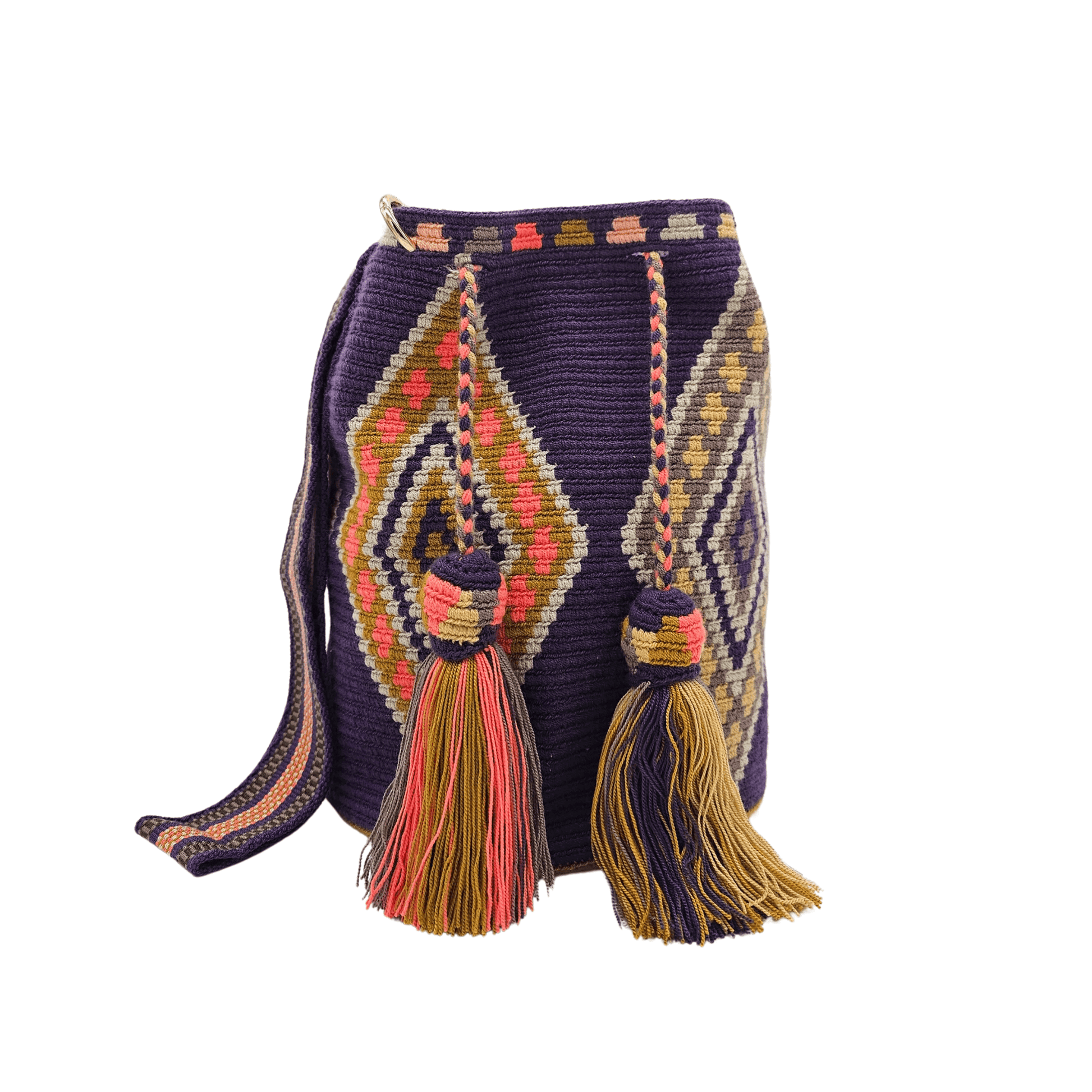 A handmade Wayuu Mochila bag from Colombia, featuring a striking diamond pattern on a plumb background with pink and orange details.