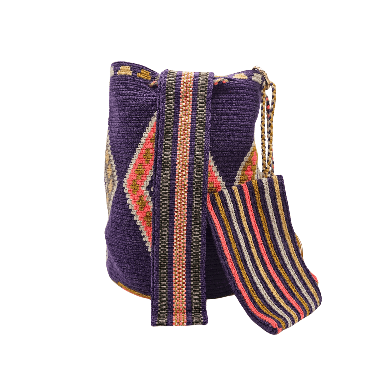 A handmade Wayuu Mochila bag from Colombia, featuring a striking diamond pattern on a plumb background with pink and orange details.